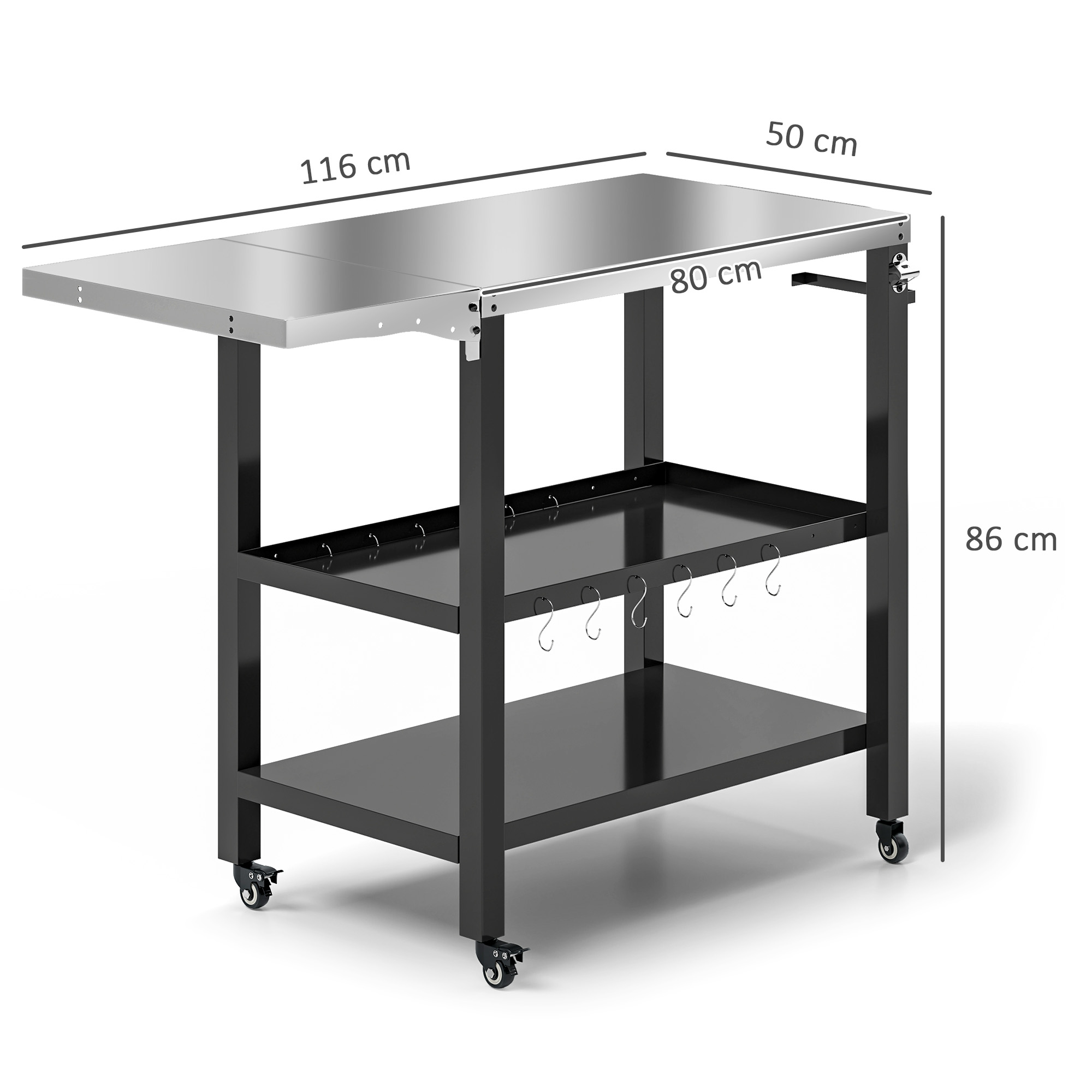 Carro de cocina de metal negro con dimensiones etiquetadas: 50cm, 80cm, 116cm, 86cm.
