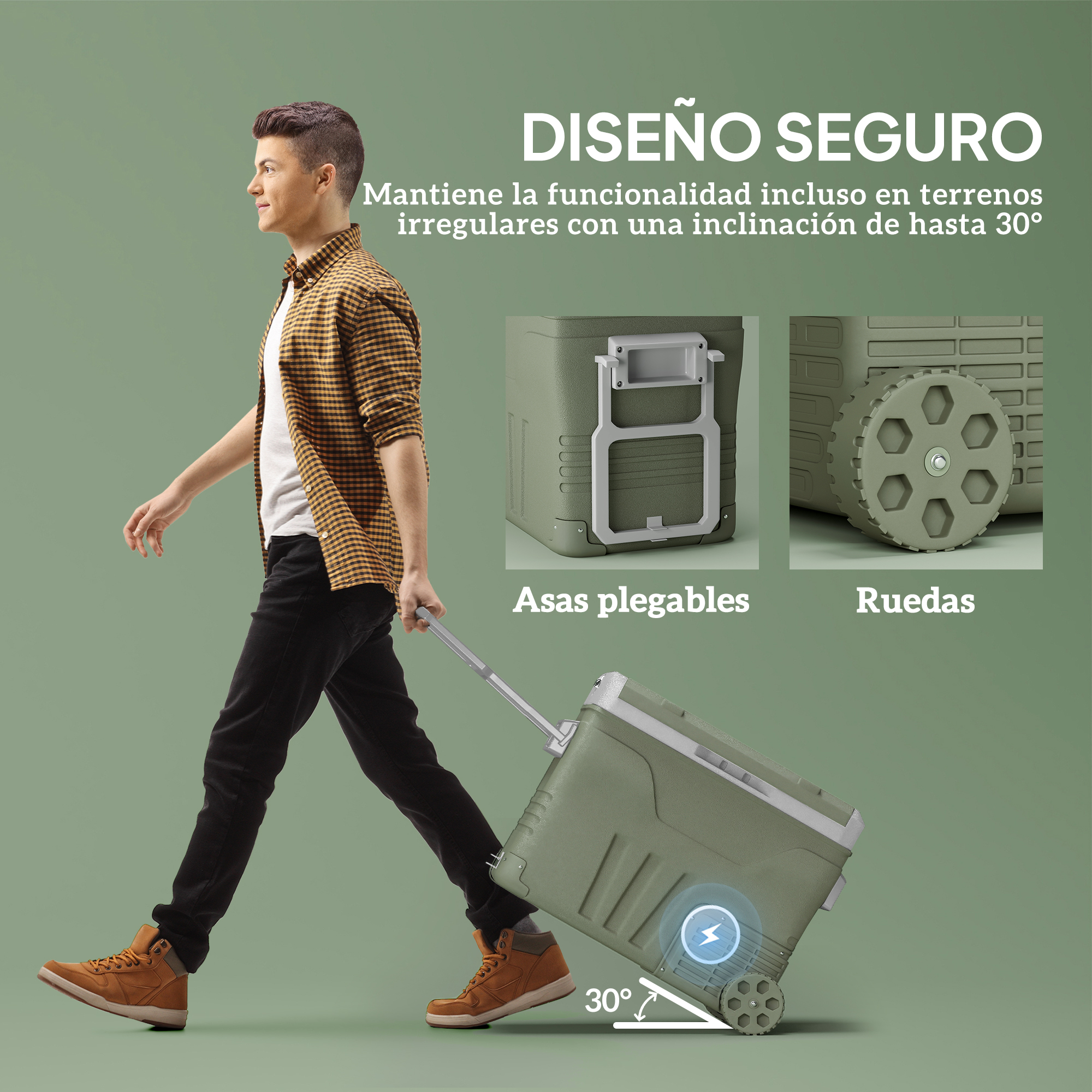 Un hombre tira de una nevera verde con ruedas. Texto en español describe características.