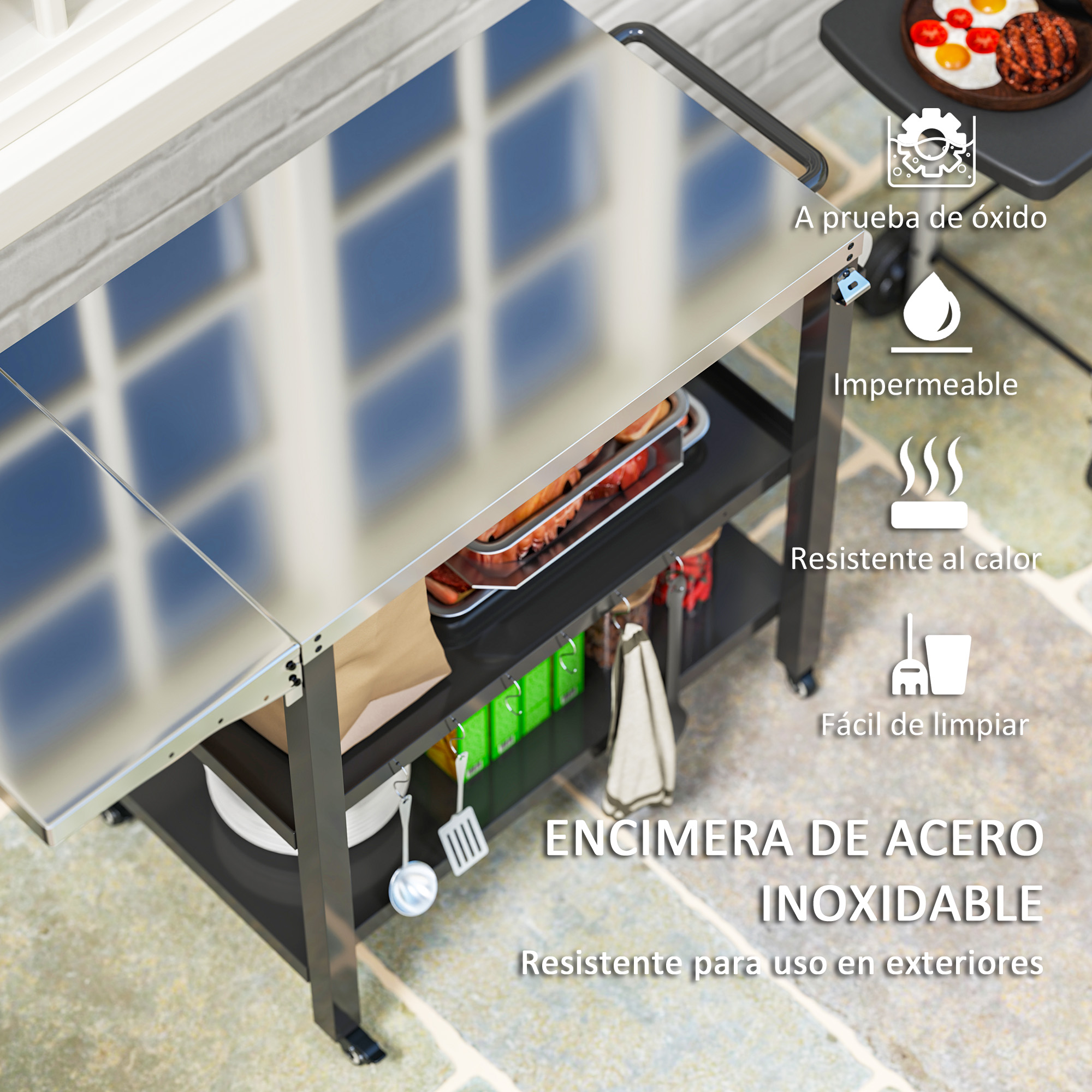 Carrito de parrilla exterior de acero inoxidable con comida e iconos.