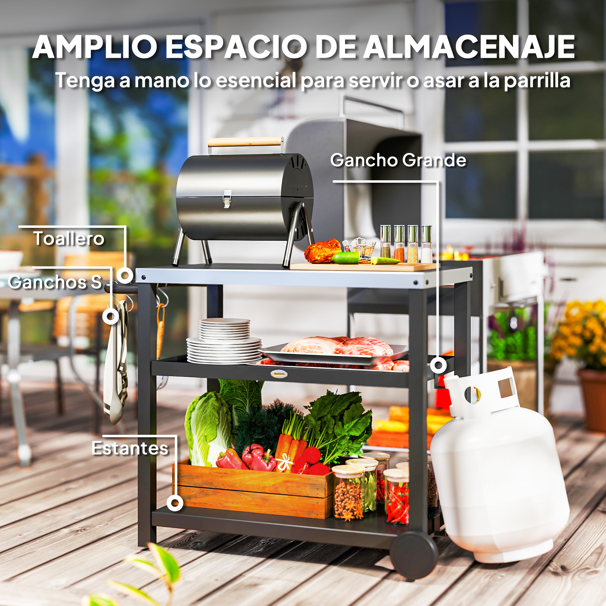 Un carrito de cocina negro para exteriores con comida y accesorios.