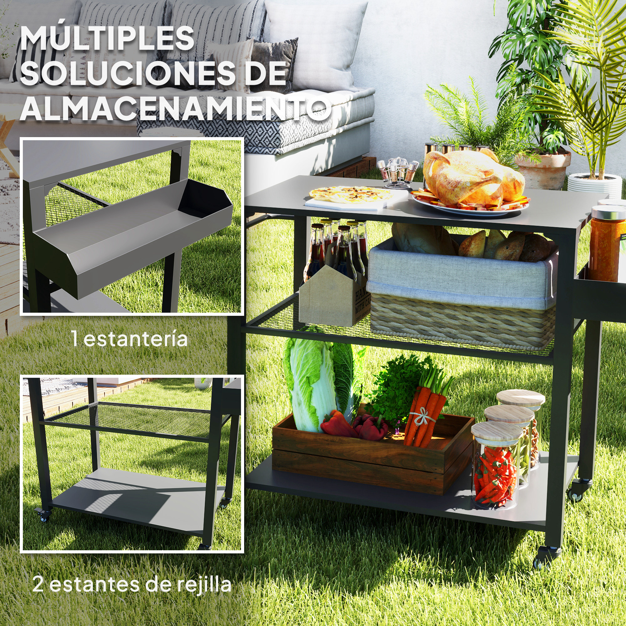 Carrito de parrilla exterior con soluciones de almacenamiento, comida y plantas.
