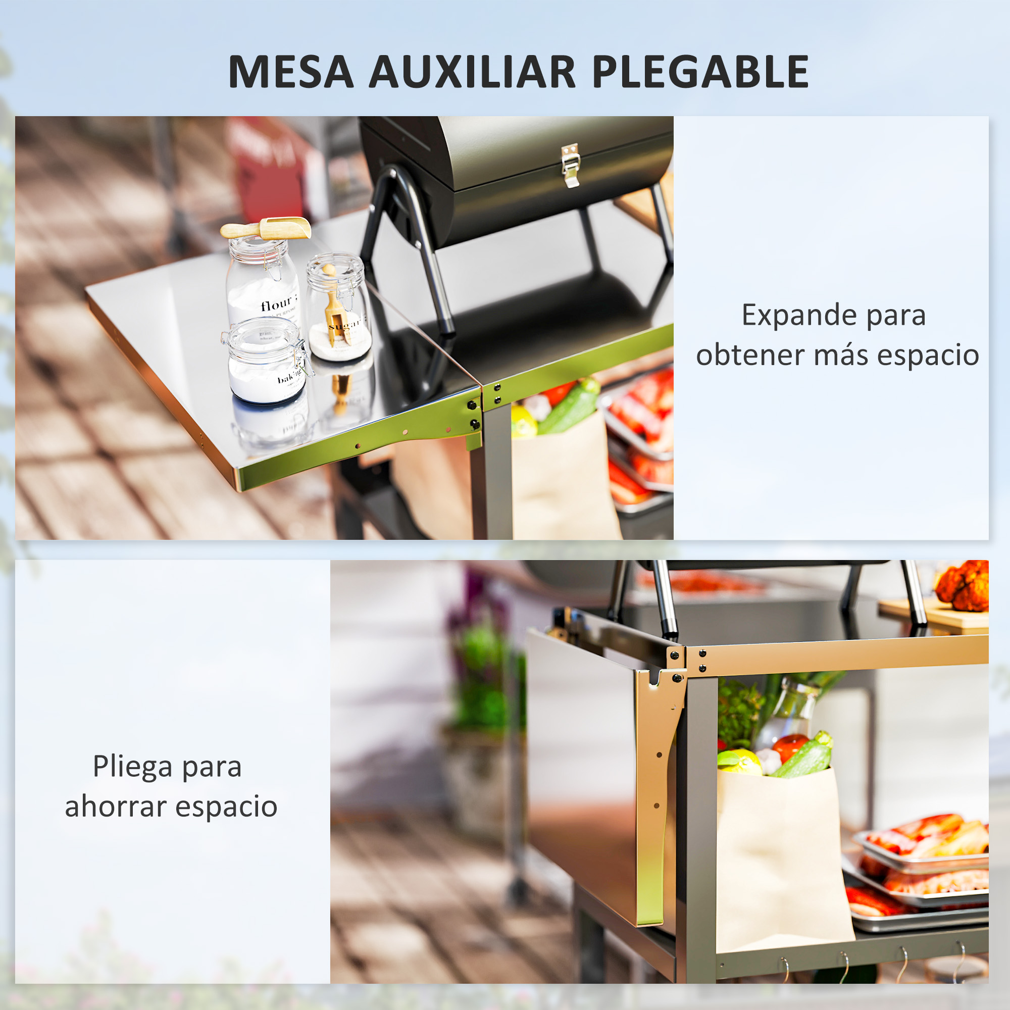 Una mesa plegable con recipientes y una parrilla, con texto en español.