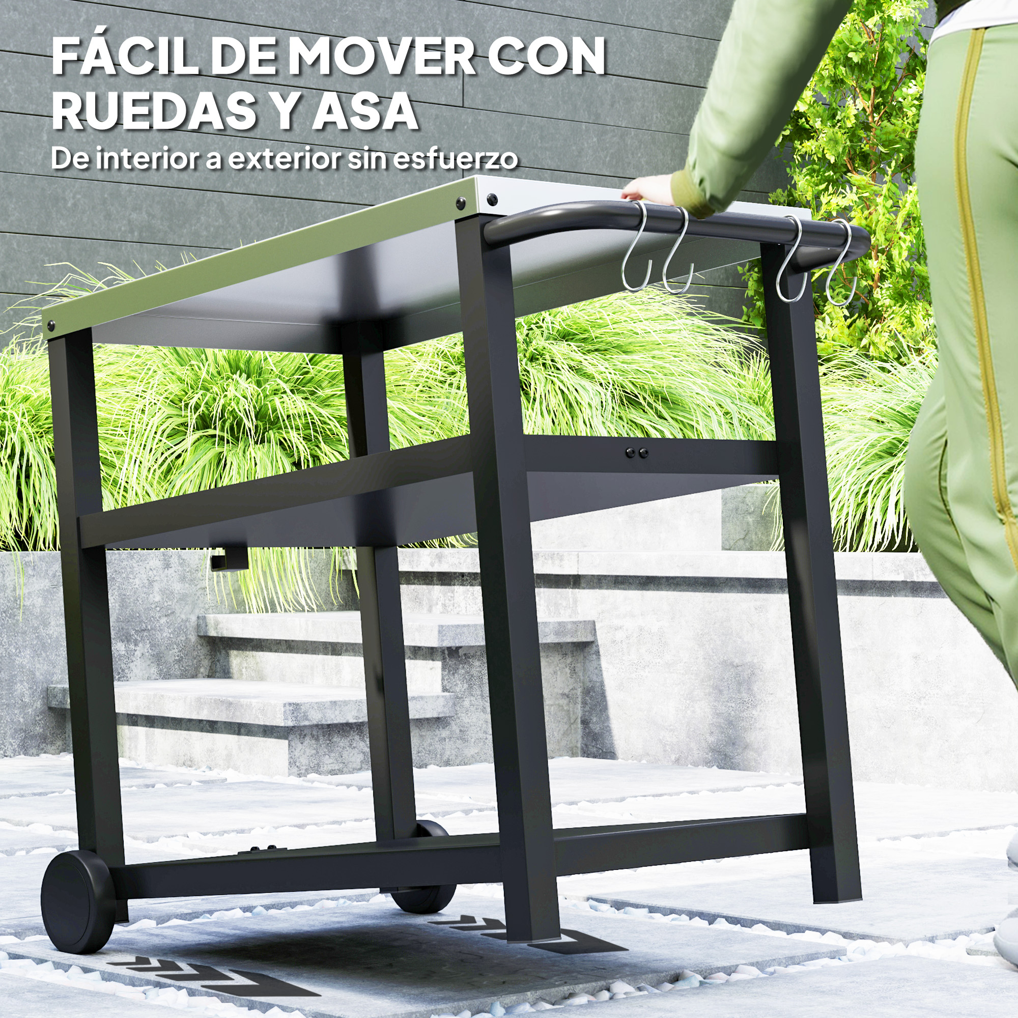 Una persona tira de un carrito negro con ruedas y un estante superior e inferior.