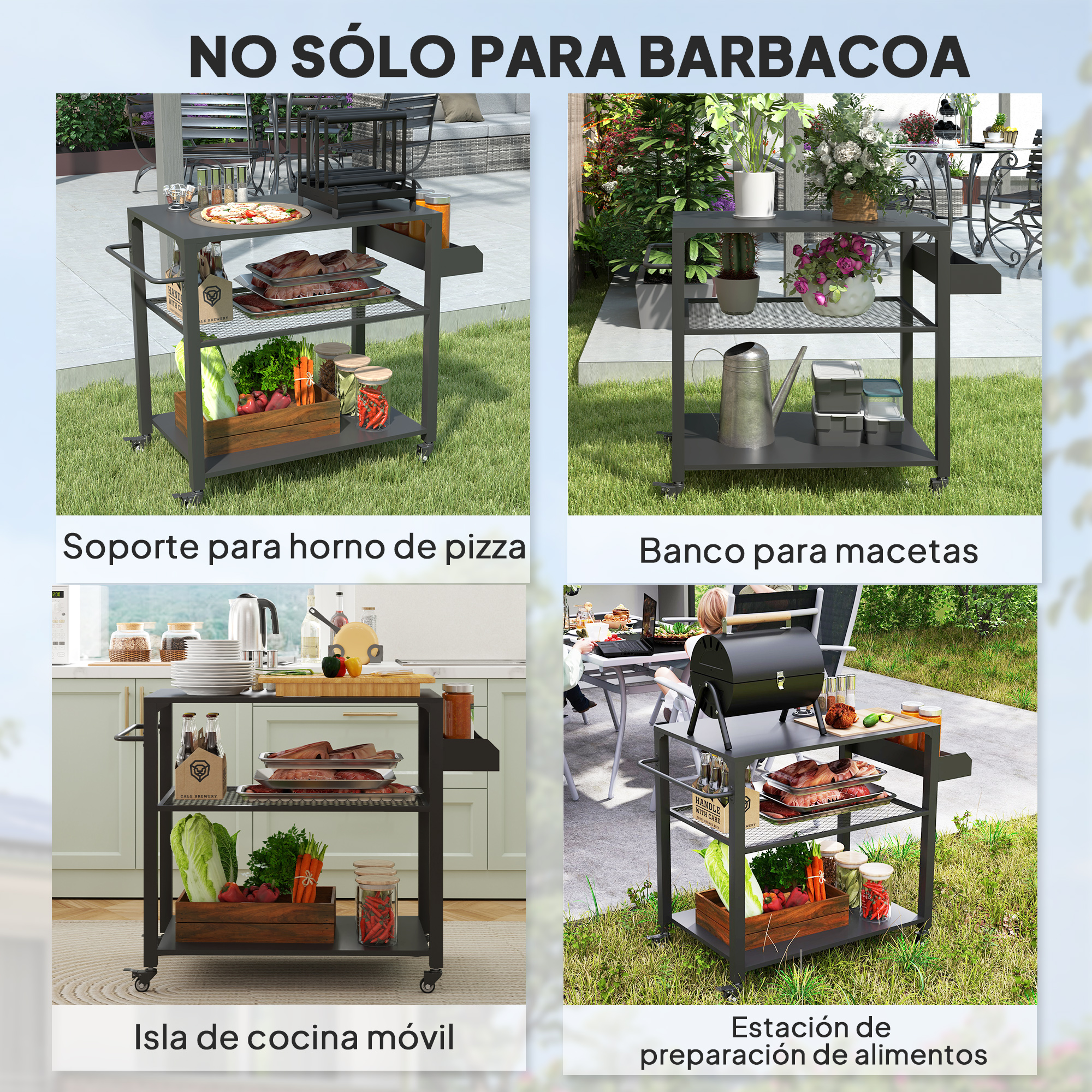 Cuatro imágenes de carros rodantes negros y grises con varios artículos, para horno de pizza, plantas y preparación de alimentos.