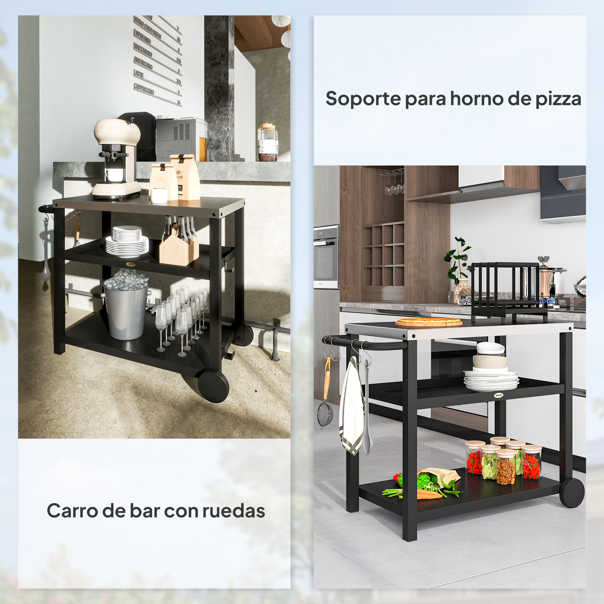 Dos imágenes de un carrito de bar negro y plateado sobre ruedas, con estantes y objetos.