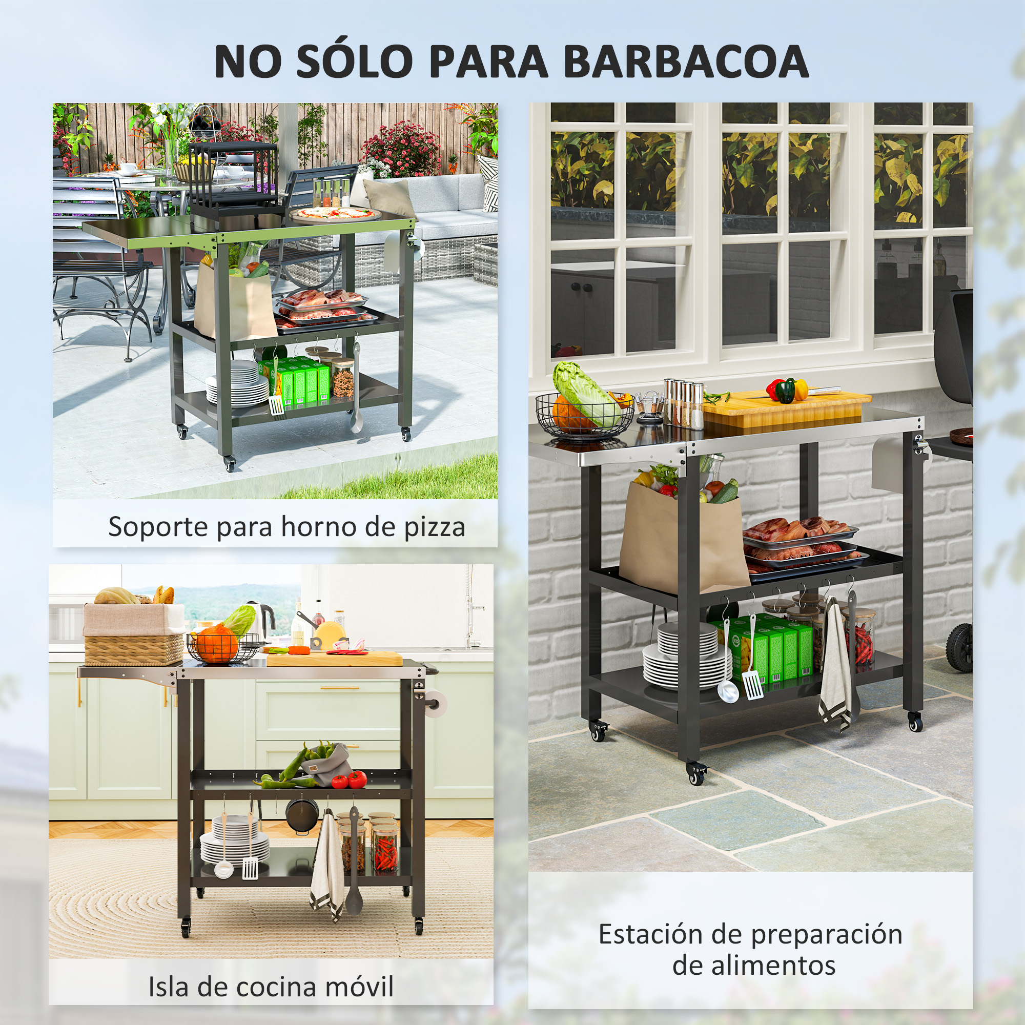 Cuatro imágenes de carros rodantes negros y plateados con varios artículos, para horno de pizza, plantas y preparación de alimentos.