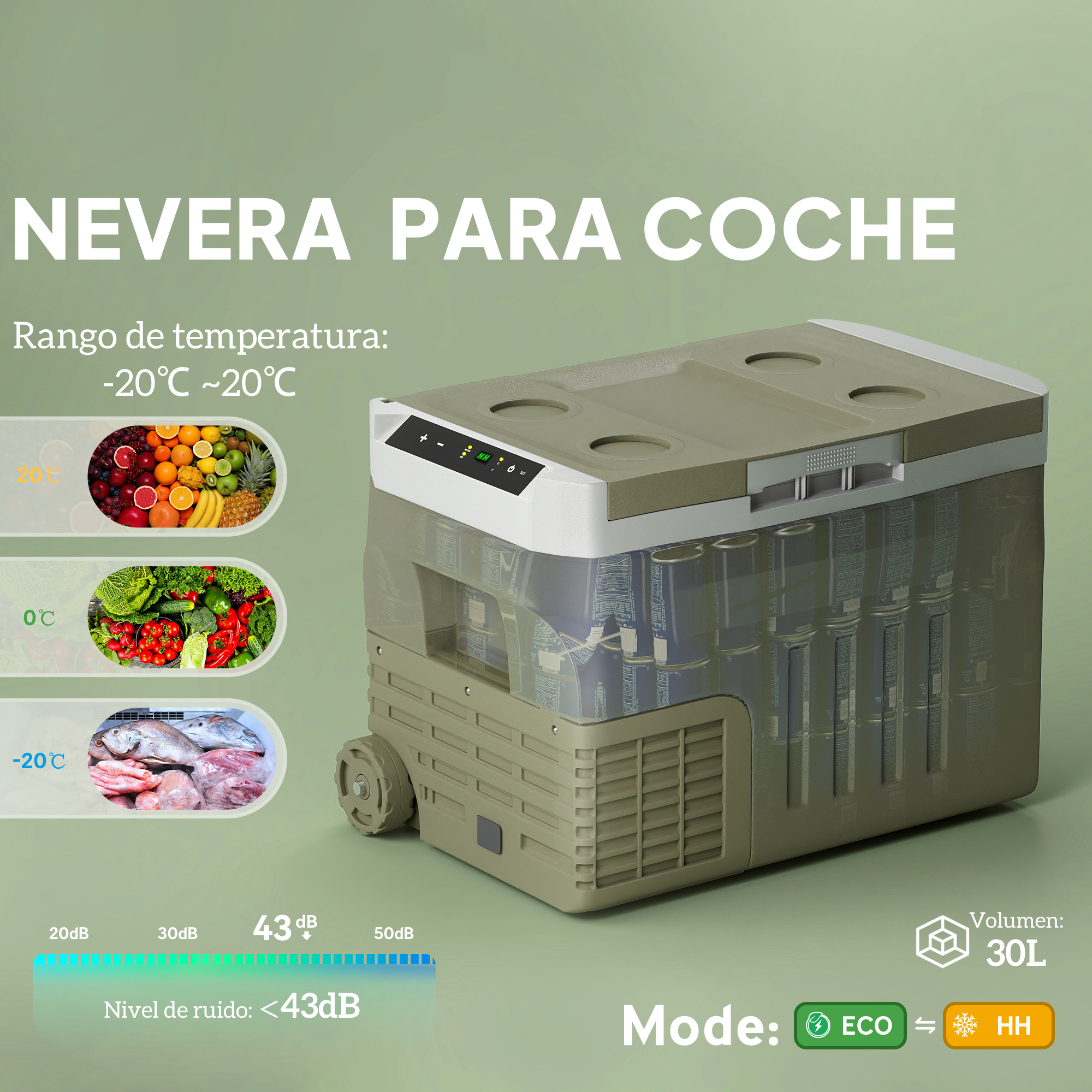 Una nevera para coche en español, mostrando rango de temperatura y volumen.