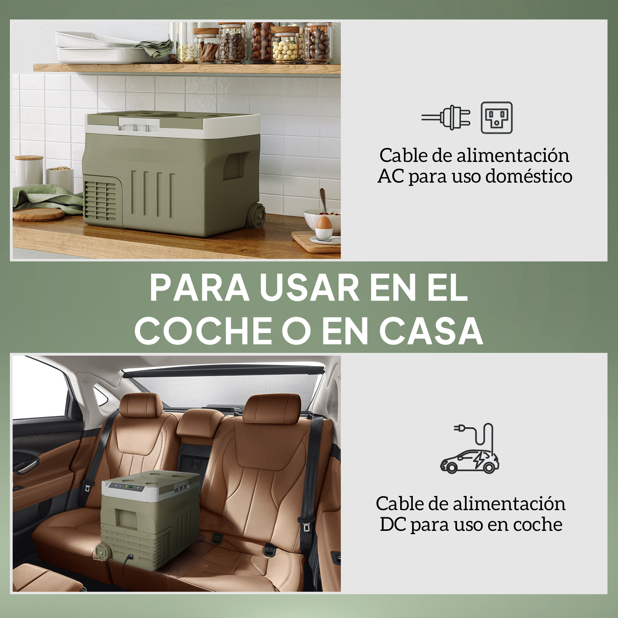 Nevera oliva en cocina y coche. Texto: Para usar en el coche o en casa.