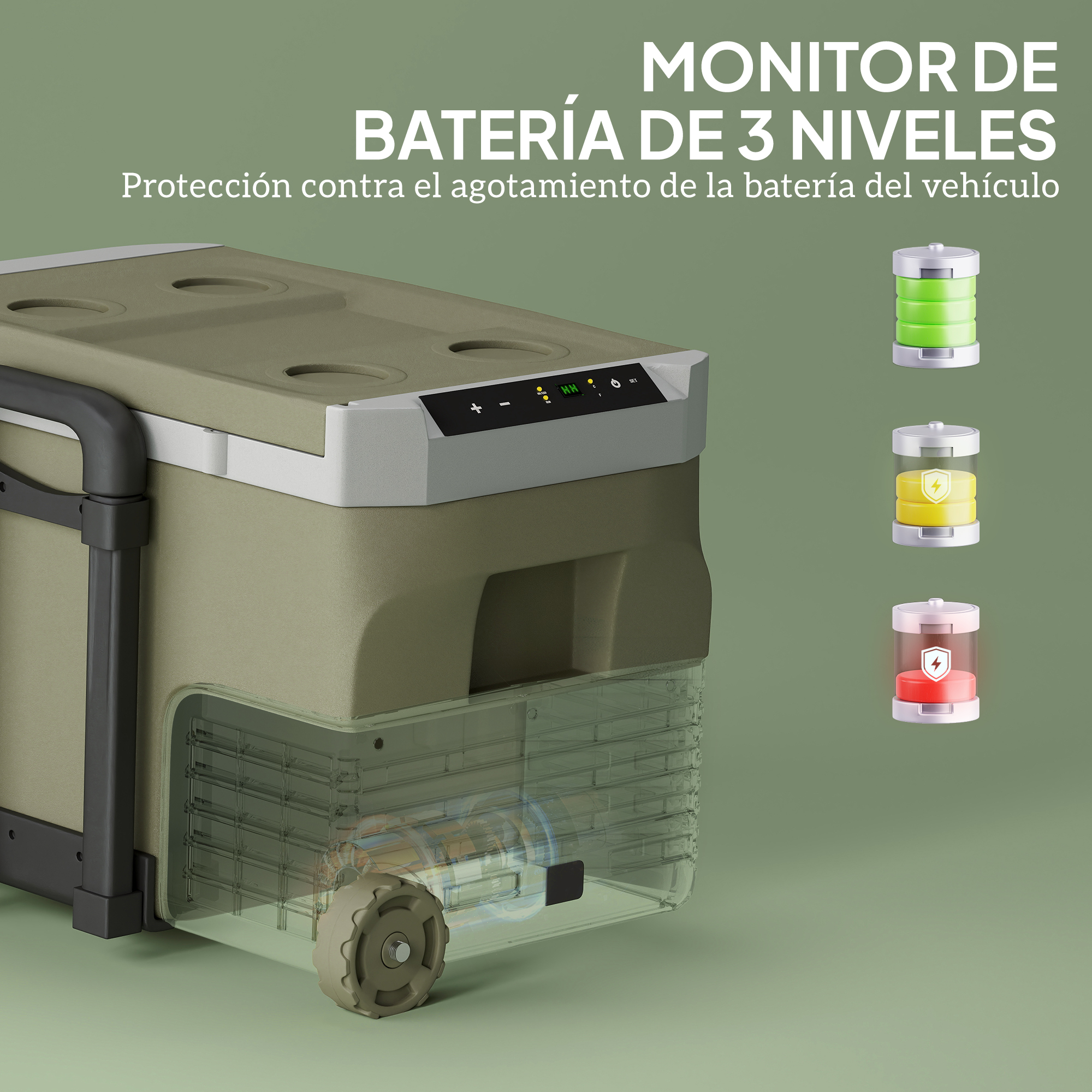 Enfriador portátil. Muestra un monitor de batería de tres niveles con indicadores verde, amarillo y rojo.