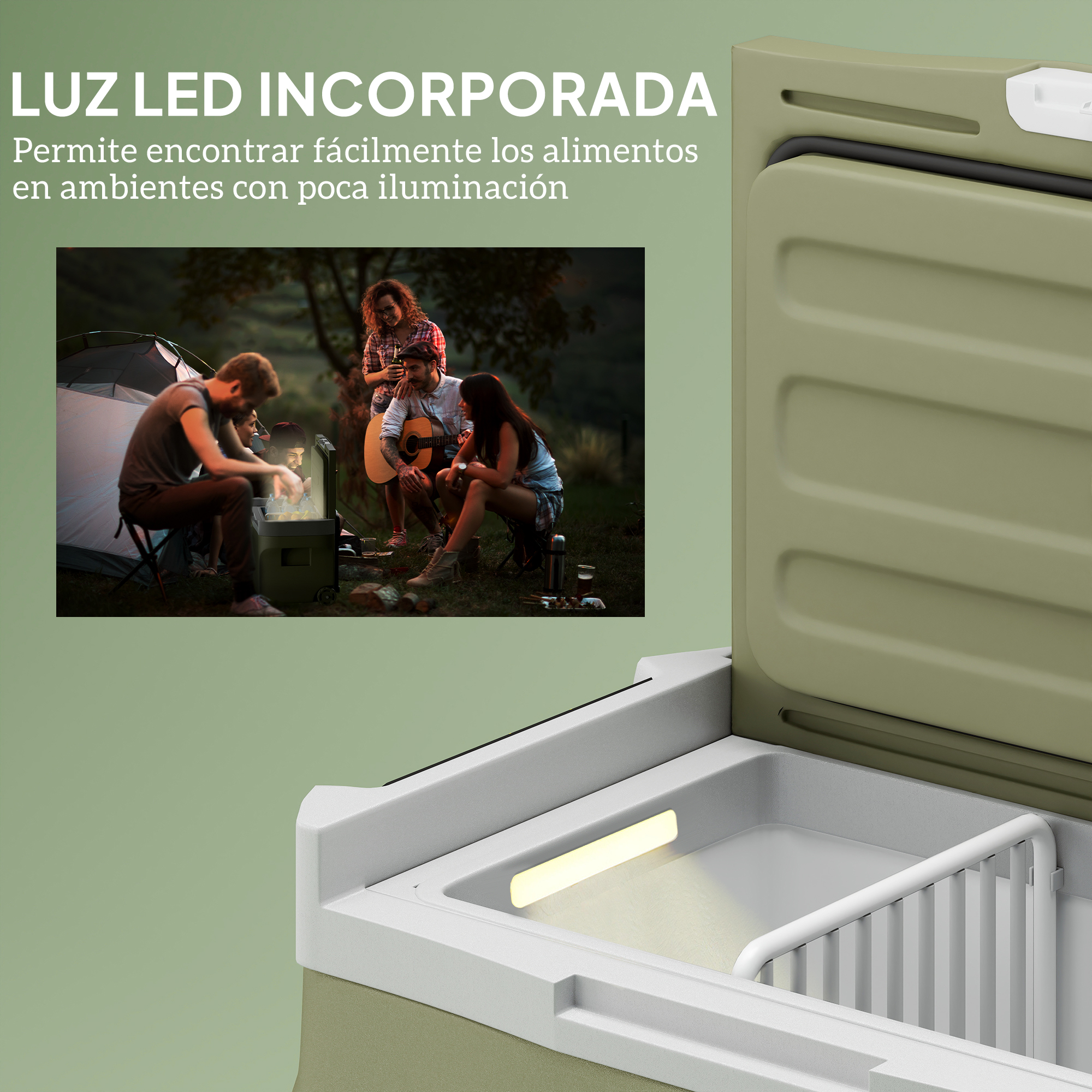 Nevera verde abierta mostrando una luz y una escena de personas en una fogata.