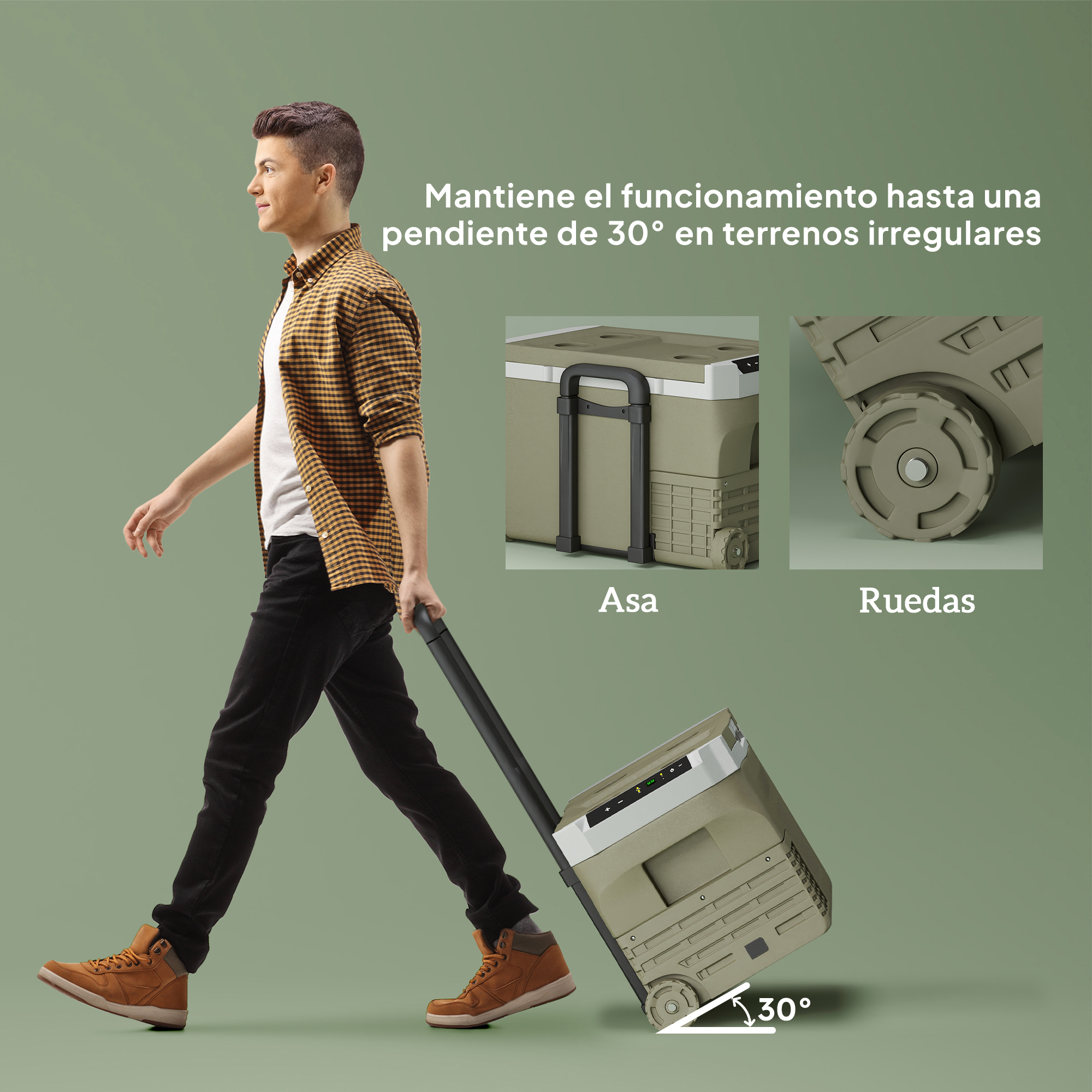 Un hombre caminando con una nevera rodante. Inserciones muestran el asa y las ruedas.