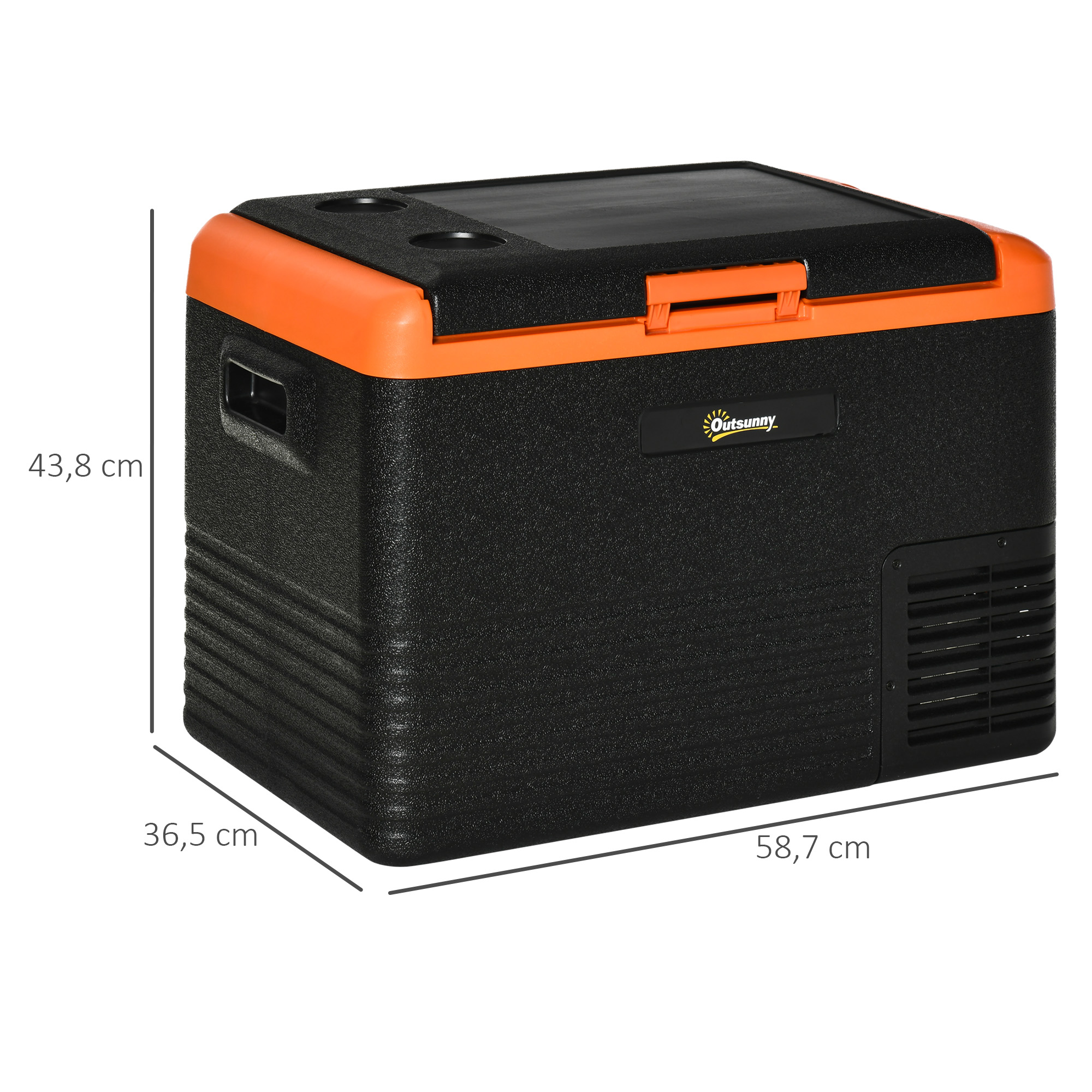 Enfriador portátil negro y naranja con dimensiones: 36,5x58,7x43,8 cm. La tapa es naranja.