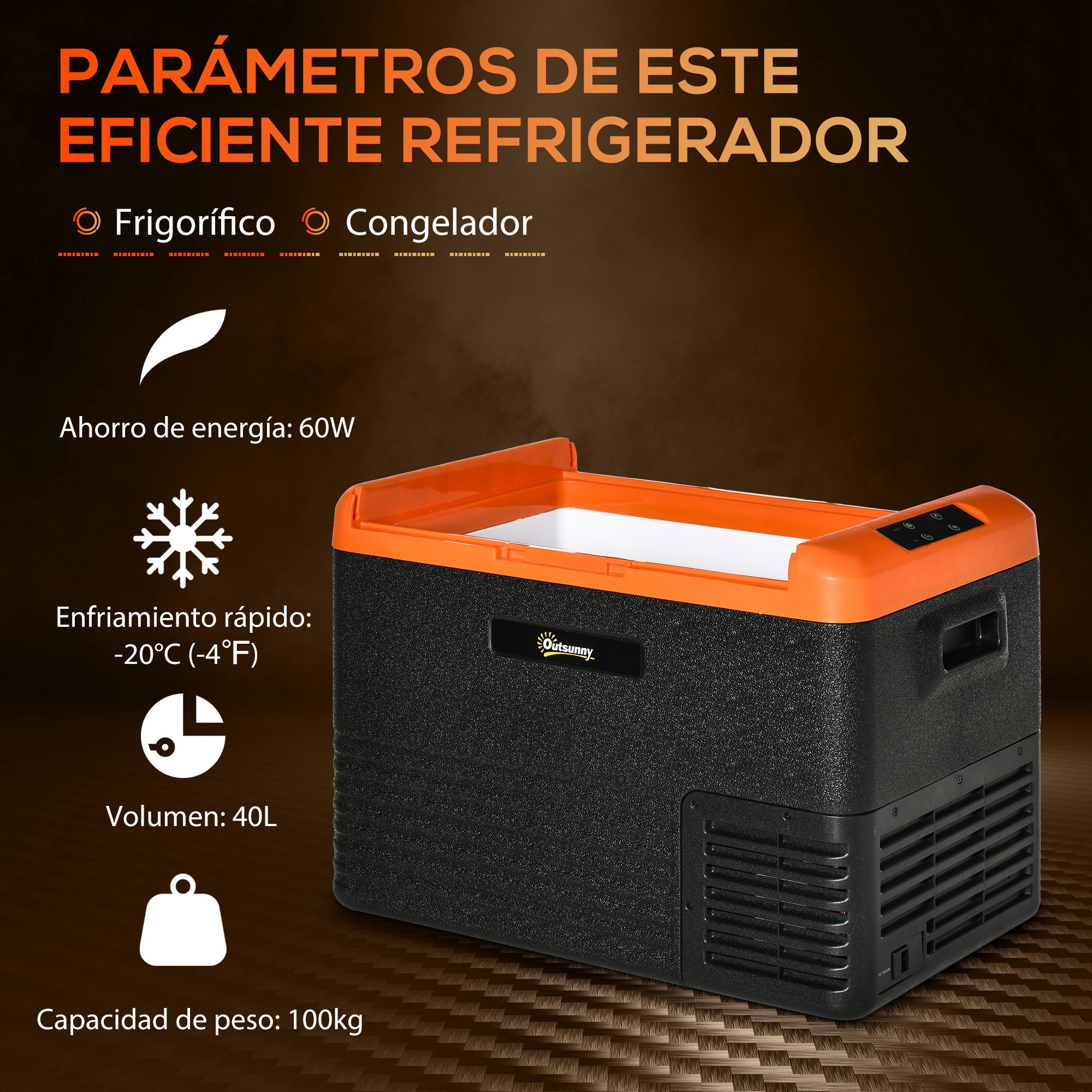 Una nevera con tapa naranja, información sobre sus características y un cuerpo negro.