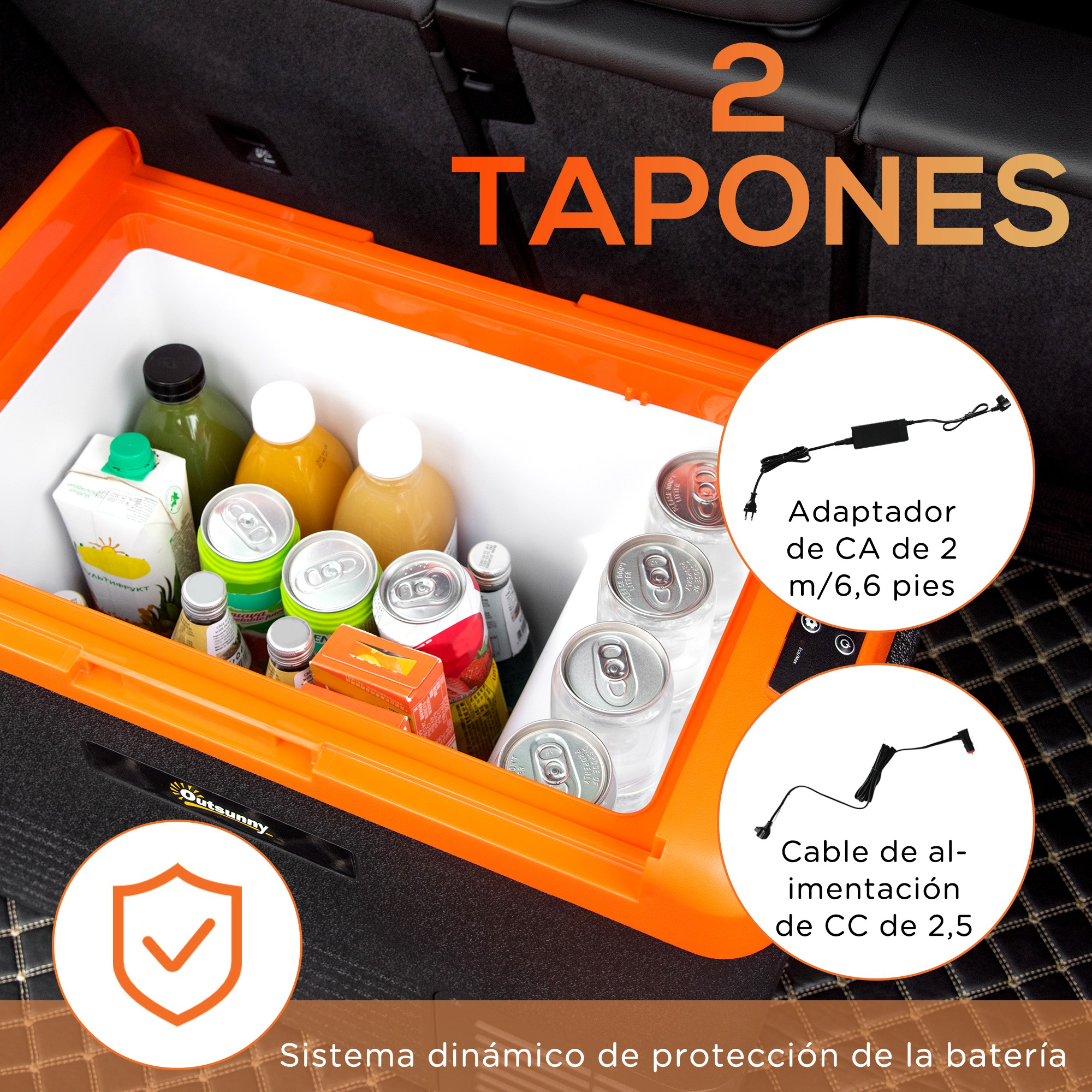 Una hielera naranja con bebidas y accesorios etiquetados. Texto: 2 enchufes, adaptador de CA y cable de CC.