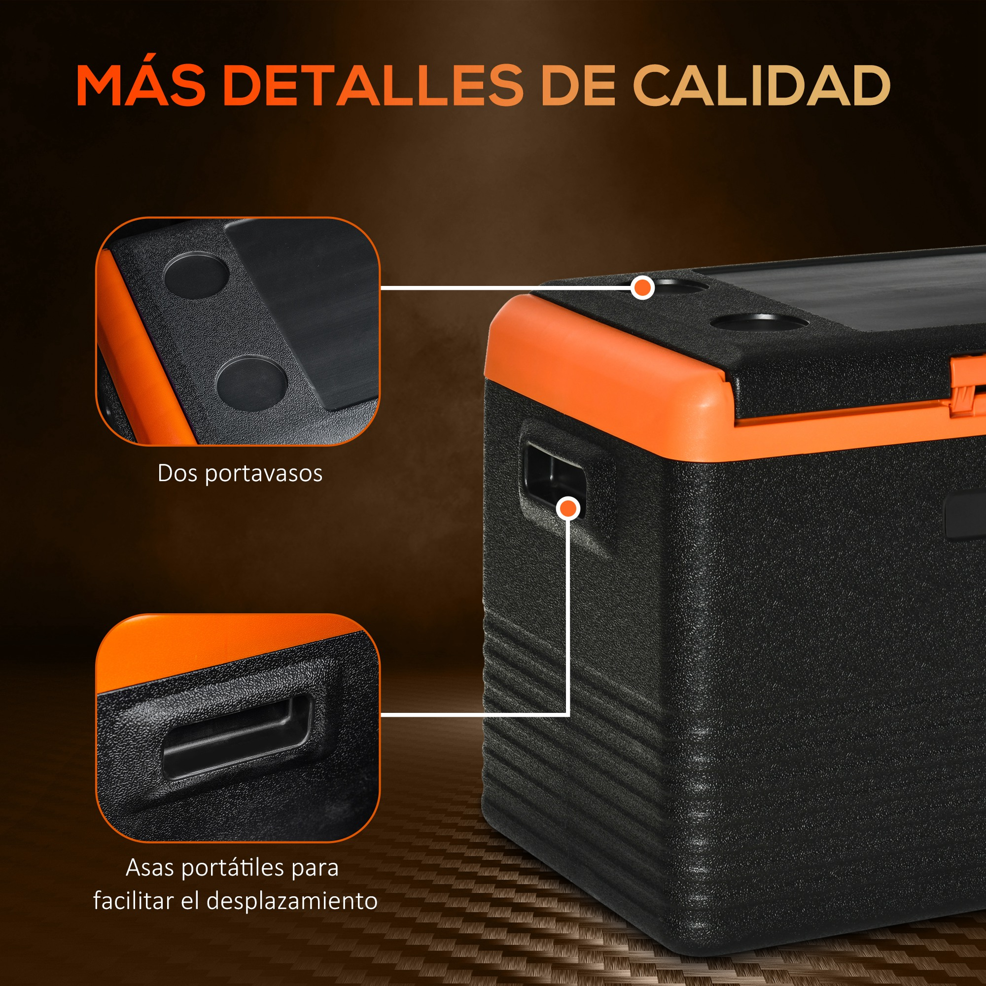 Un primer plano de una nevera negra y naranja. Incluye portavasos y asas, con la tapa abierta.