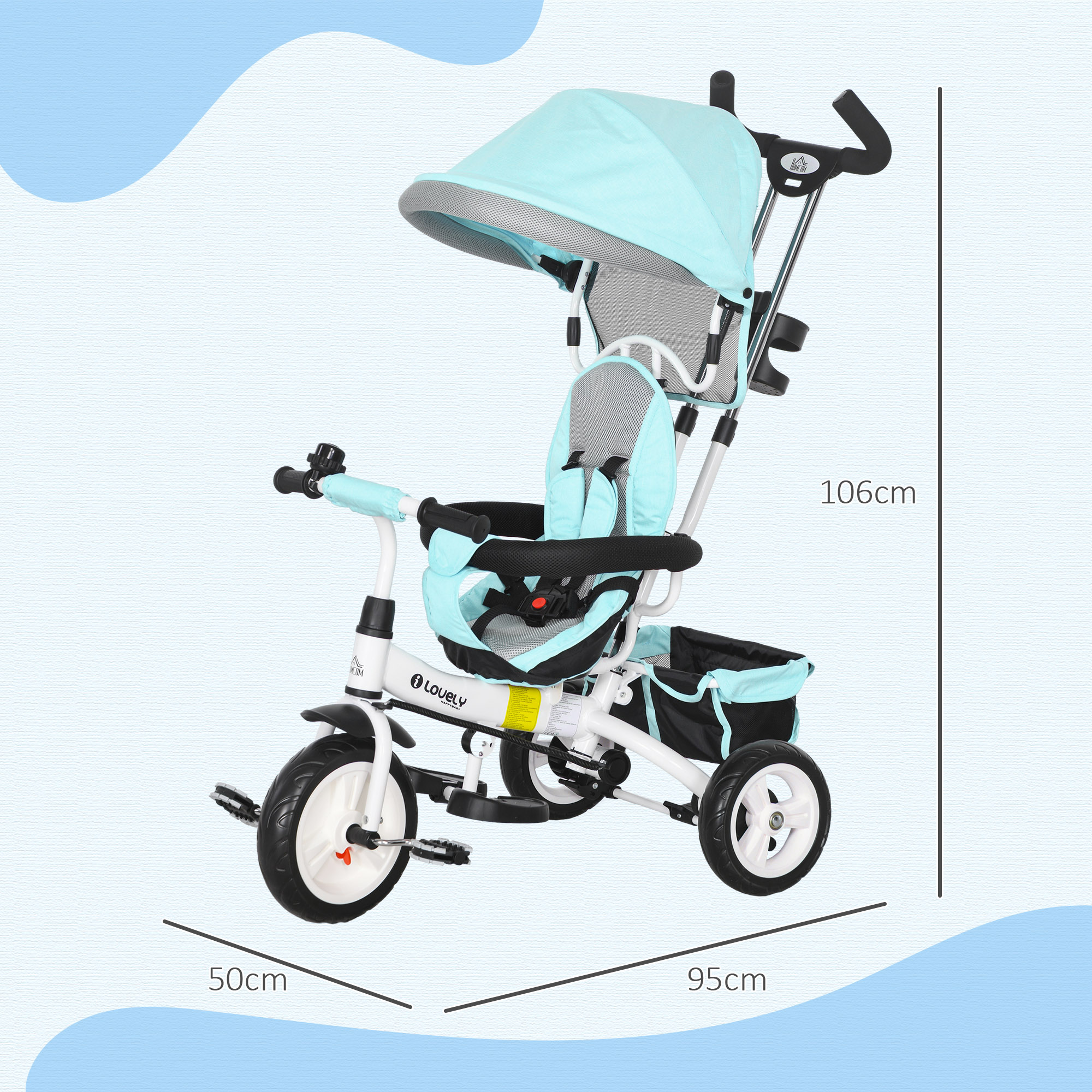 Un triciclo azul y blanco con dimensiones. Tiene capota, asiento y cesta.