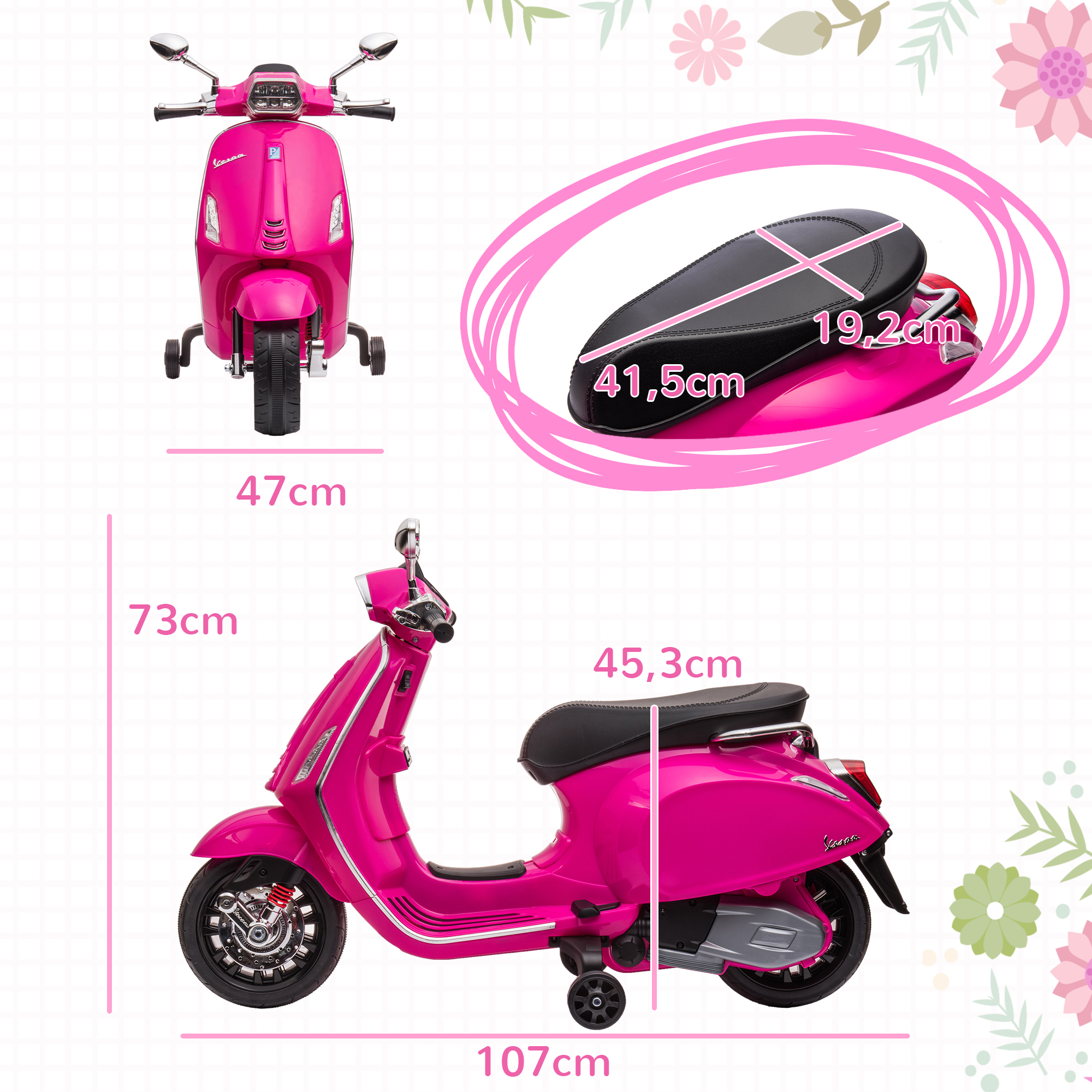 Un scooter rosa con ruedas de entrenamiento, con medidas dimensionales en cm. Está sobre un fondo floral.