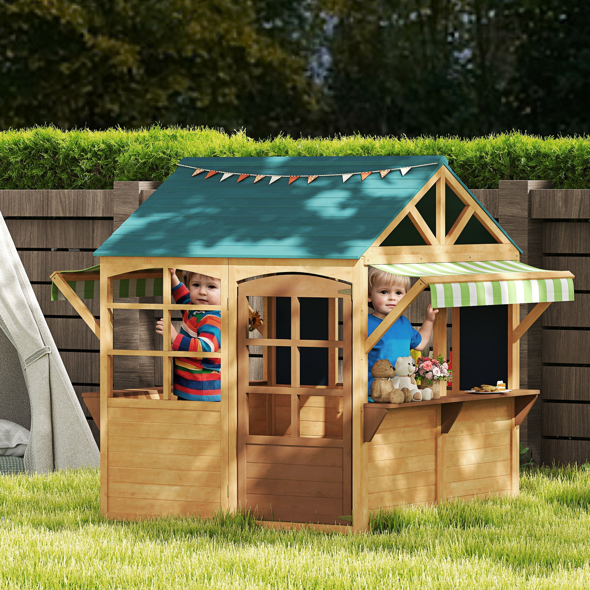 Una casa de juegos de madera con dos niños dentro. Incluye ventanas, una puerta y un mostrador.