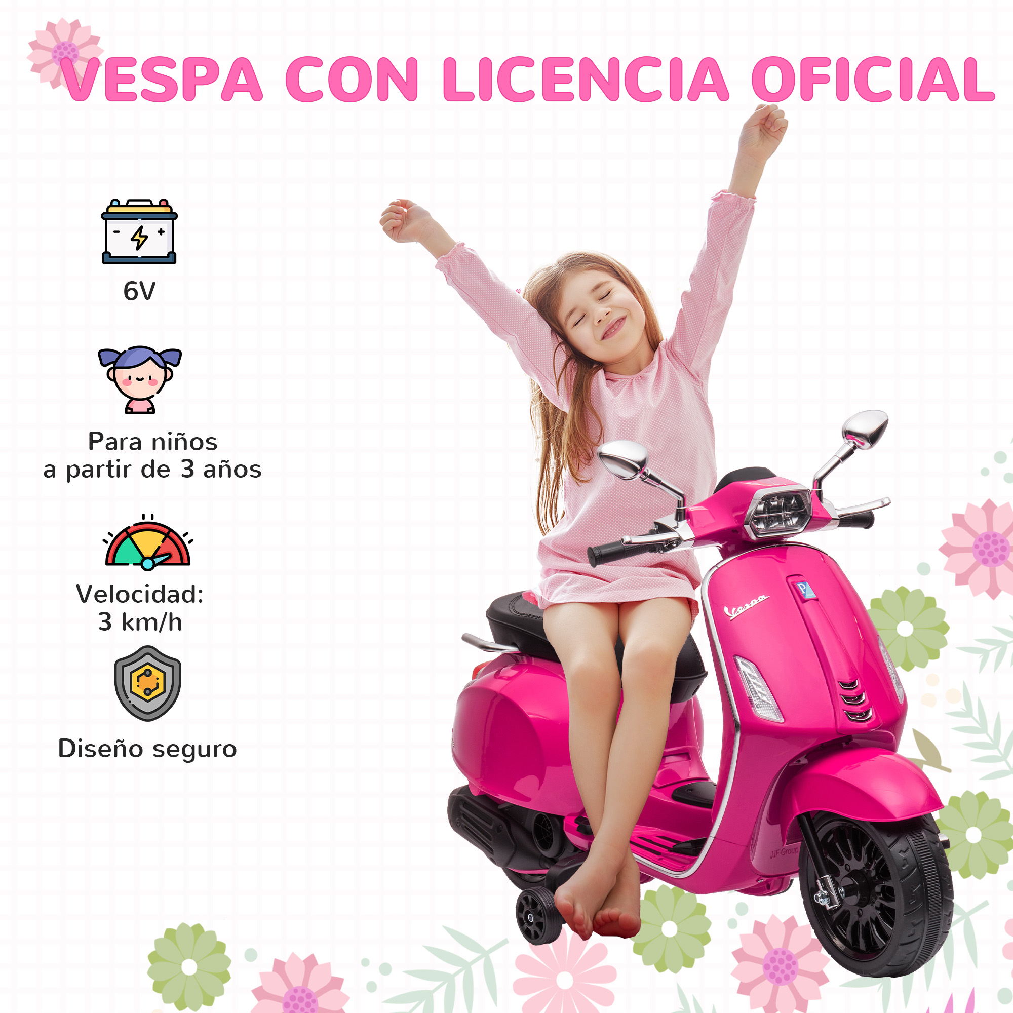 Una niña en un scooter eléctrico rosa estilo Vespa, con texto en español, sobre un fondo blanco.
