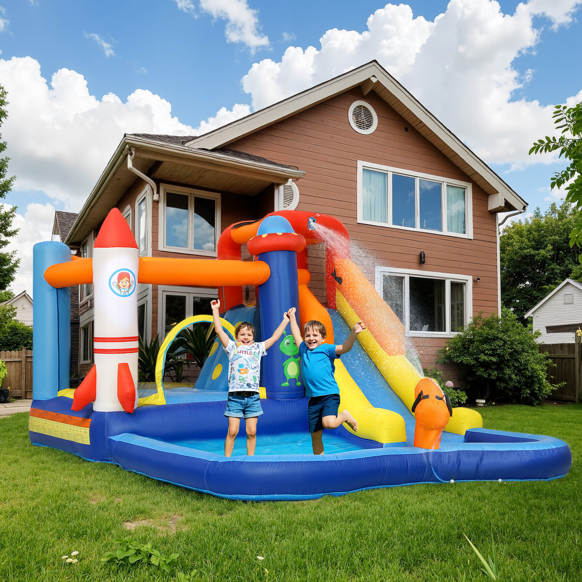 Dos niños saltando a una piscina con un tobogán acuático inflable y una casa al fondo.