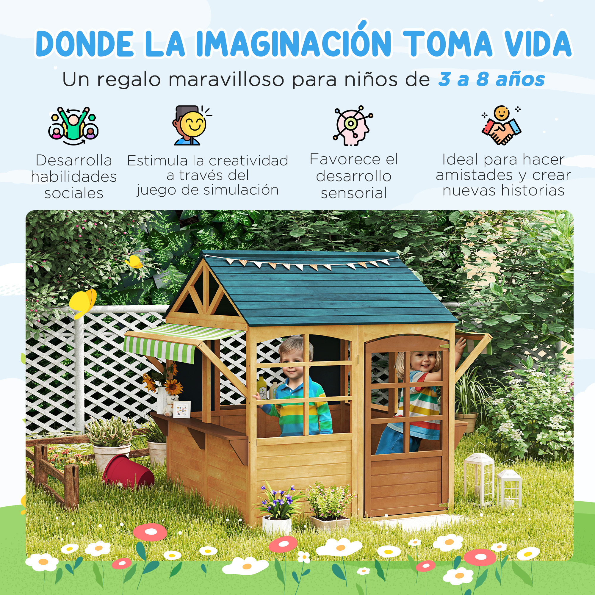 Una casa de juegos con dos niños mirando. La casa es marrón con techo verde y valla blanca.