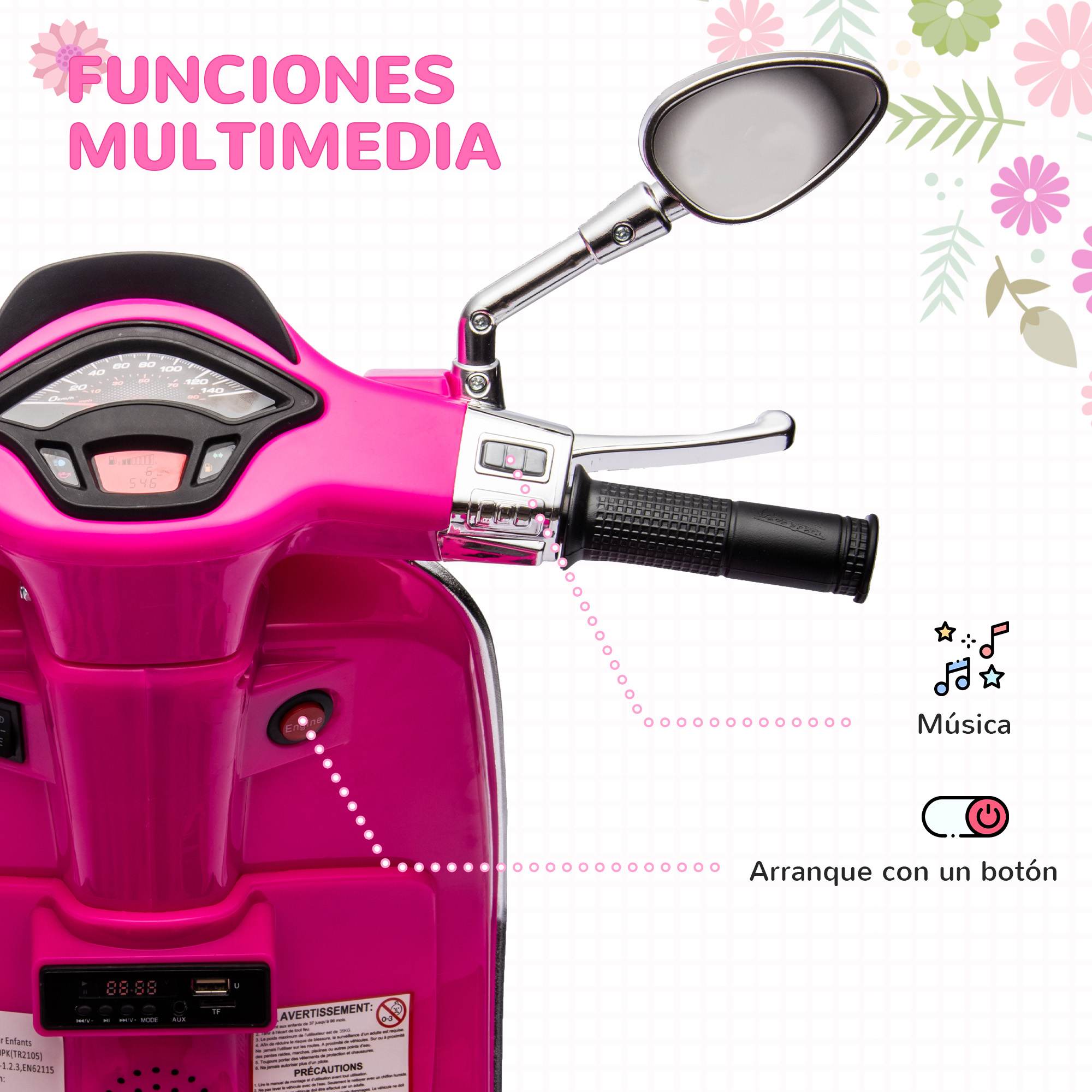 Scooter de juguete rosa con funciones multimedia, incluyendo música y botón de inicio. Decorado con flores.