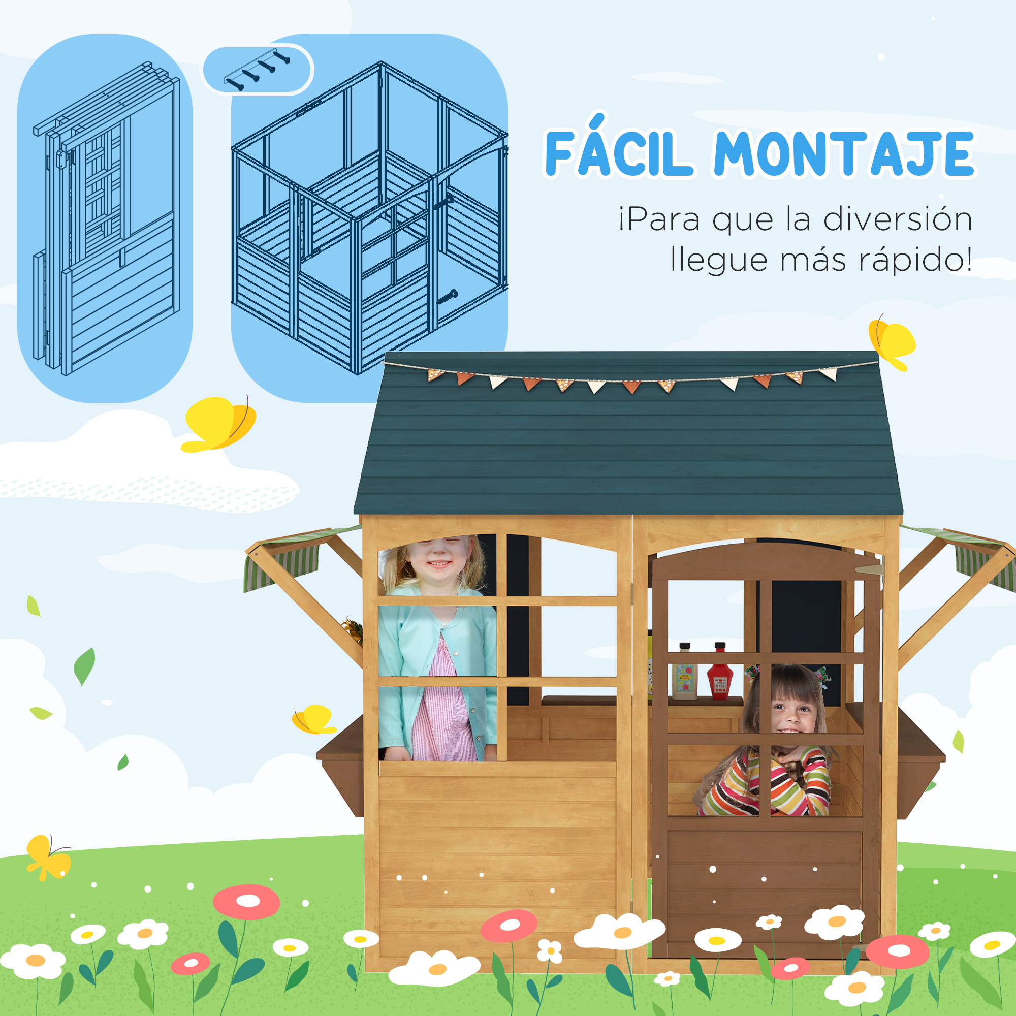 Casita con dos niños mirando. Incluye techo, ventanas y puerta. Rodeada de flores.