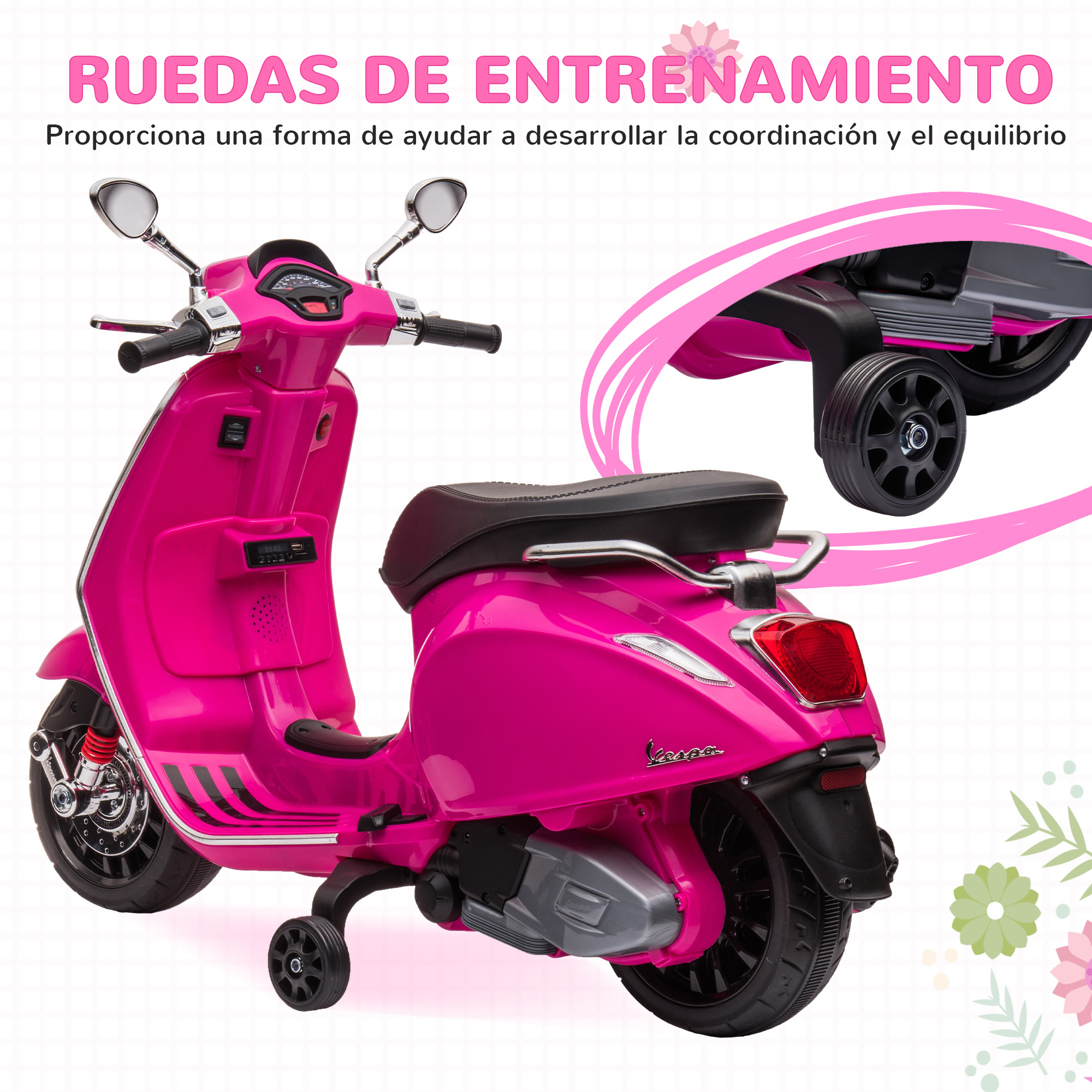 Scooter de juguete rosa con ruedas de entrenamiento, detalles negros y fondo floral rosa.