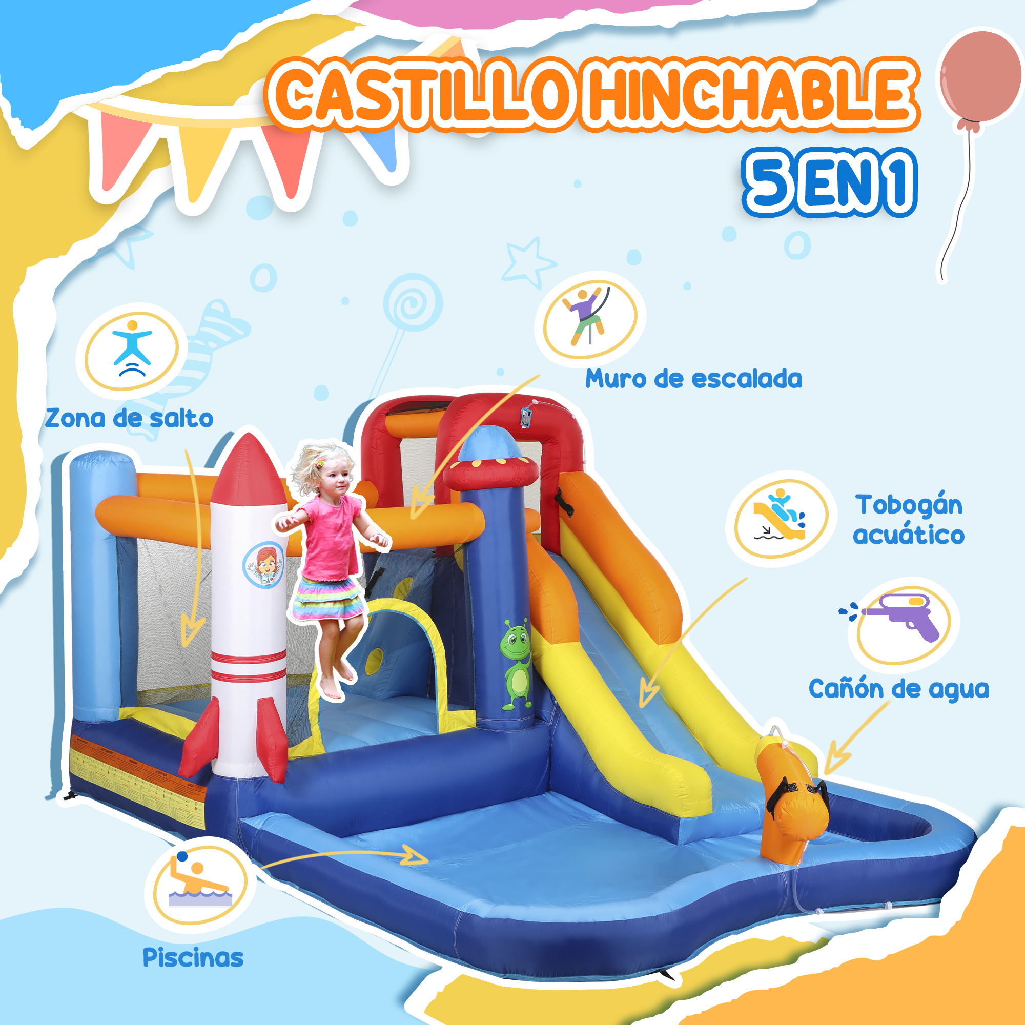 Castillo inflable para niños con toboganes, pistola de agua y muro de escalada. Fondo azul.