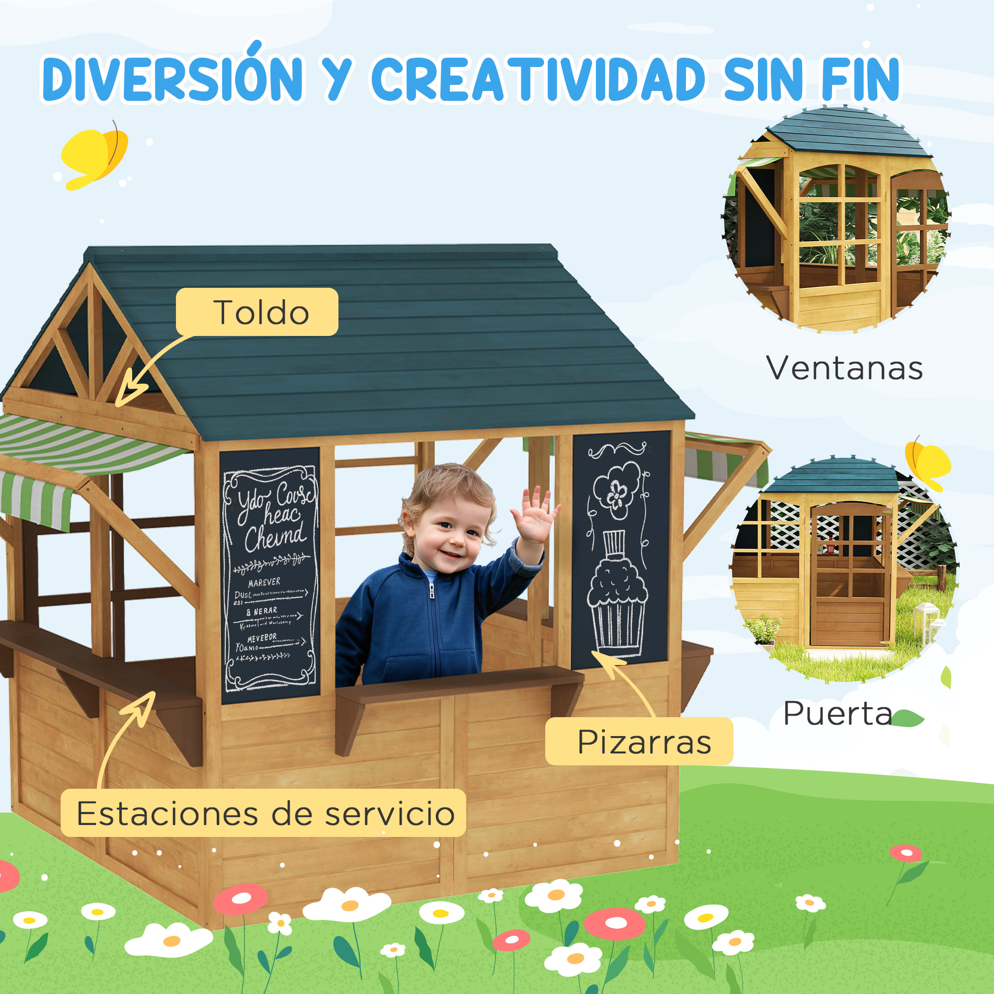 Una casa de juegos de madera con un niño, ventanas, puertas y estaciones de servicio, con fondo blanco.