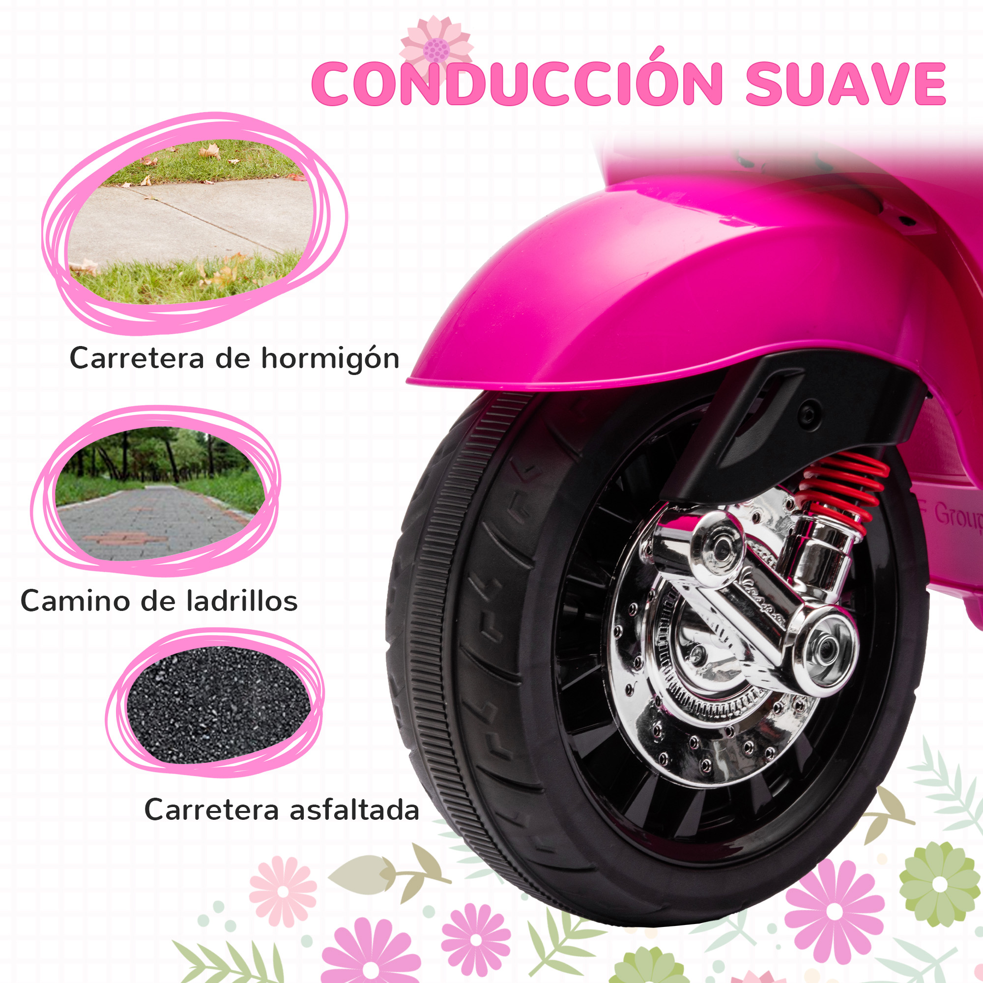 Primer plano de un scooter de juguete rosa con neumático negro e imágenes de carreteras.
