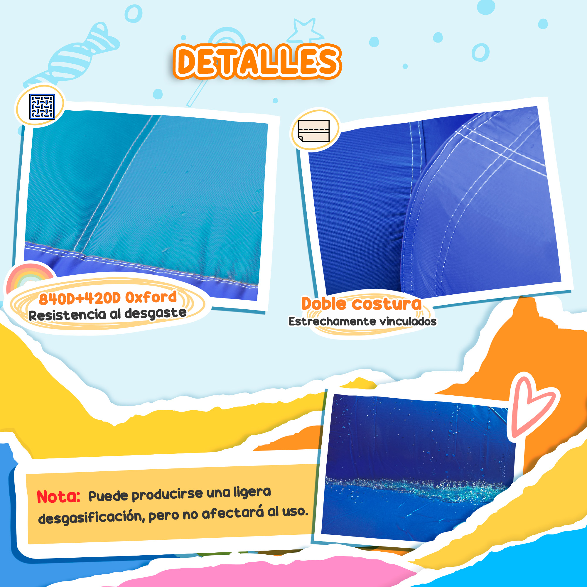 Detalles del material con la leyenda: Resistencia al desgaste Oxford 840D+420D y doble costura.