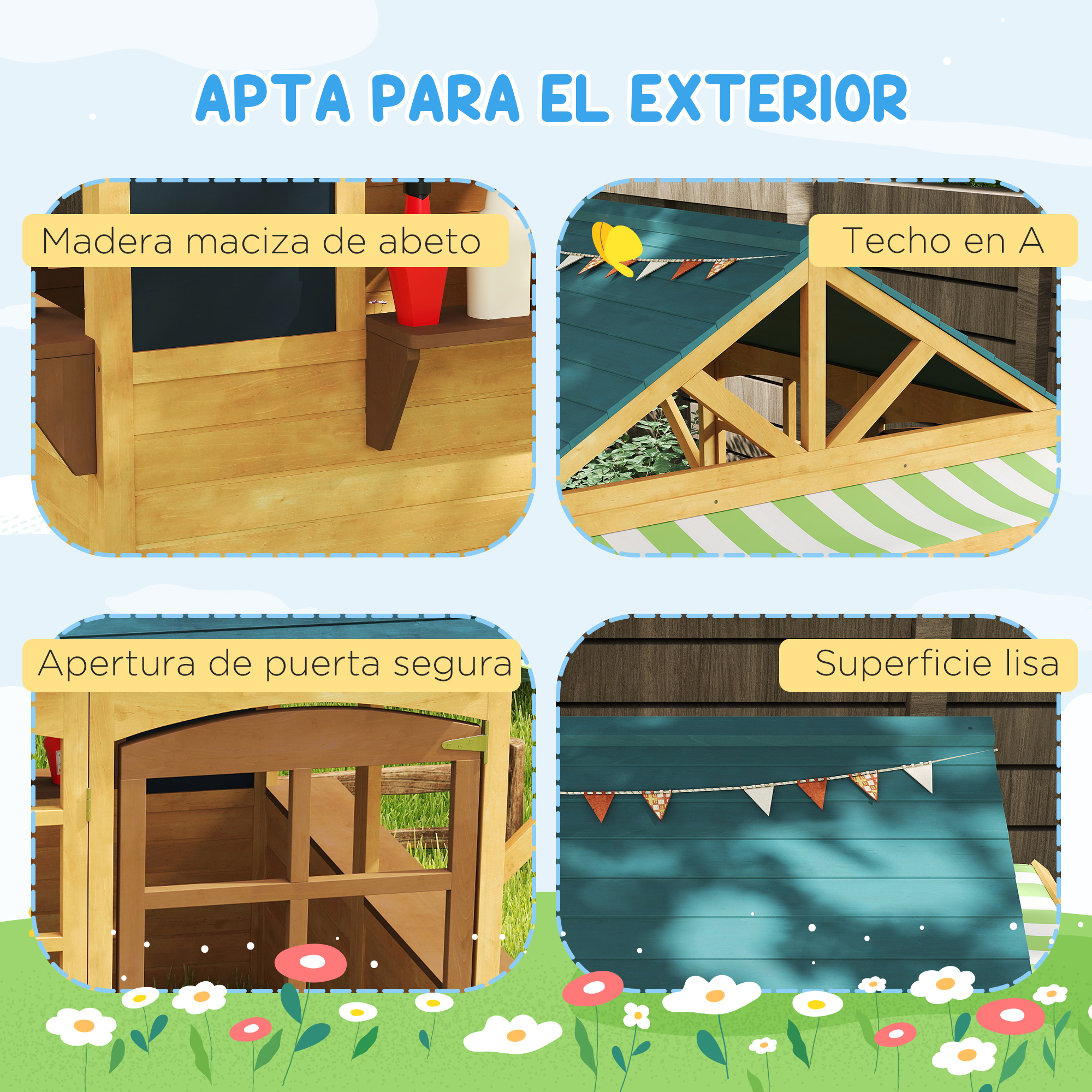 Primer plano de una casita infantil con detalles de madera y decoraciones coloridas.