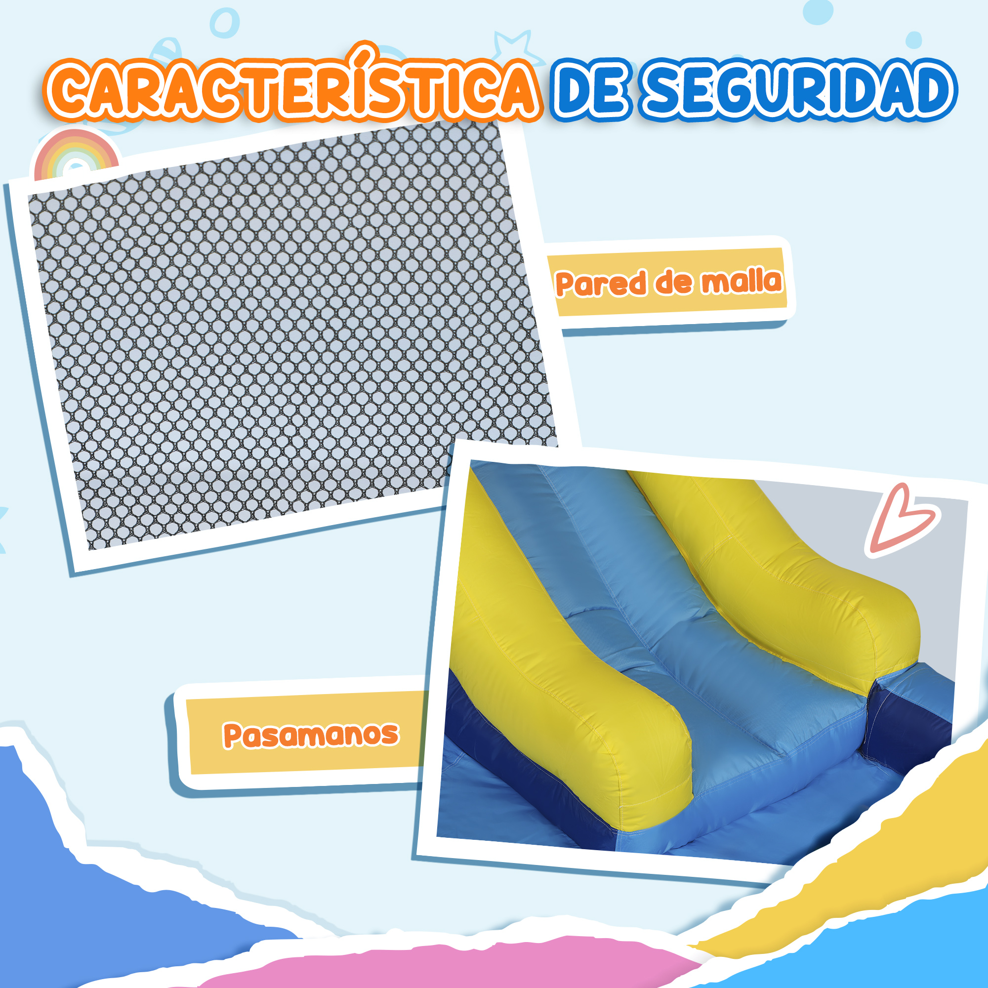 Se muestra un tobogán inflable azul y amarillo con características de seguridad en español.