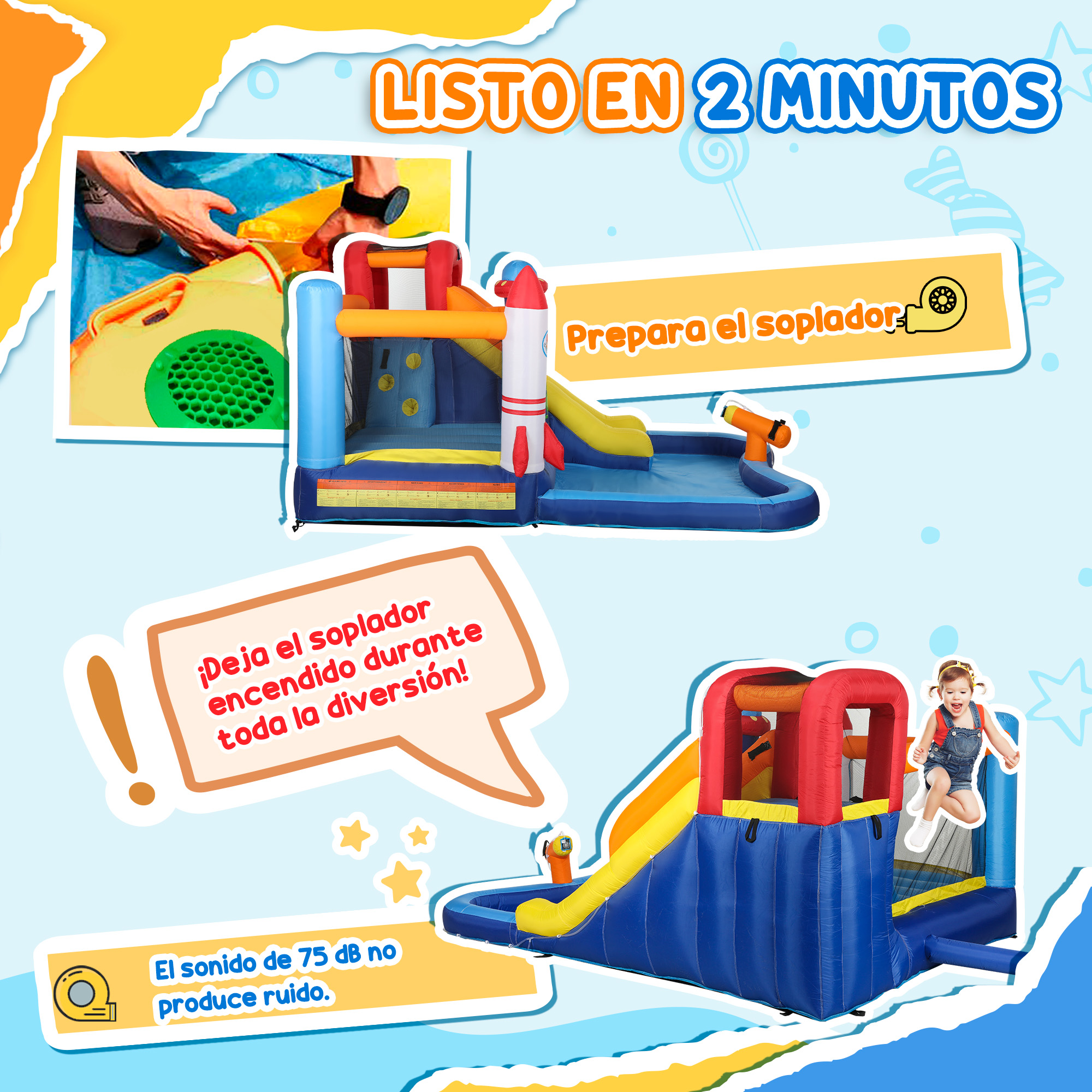 Un castillo hinchable con tobogán y cohete. Textos: Listo en 2 minutos. Prepara el soplador.