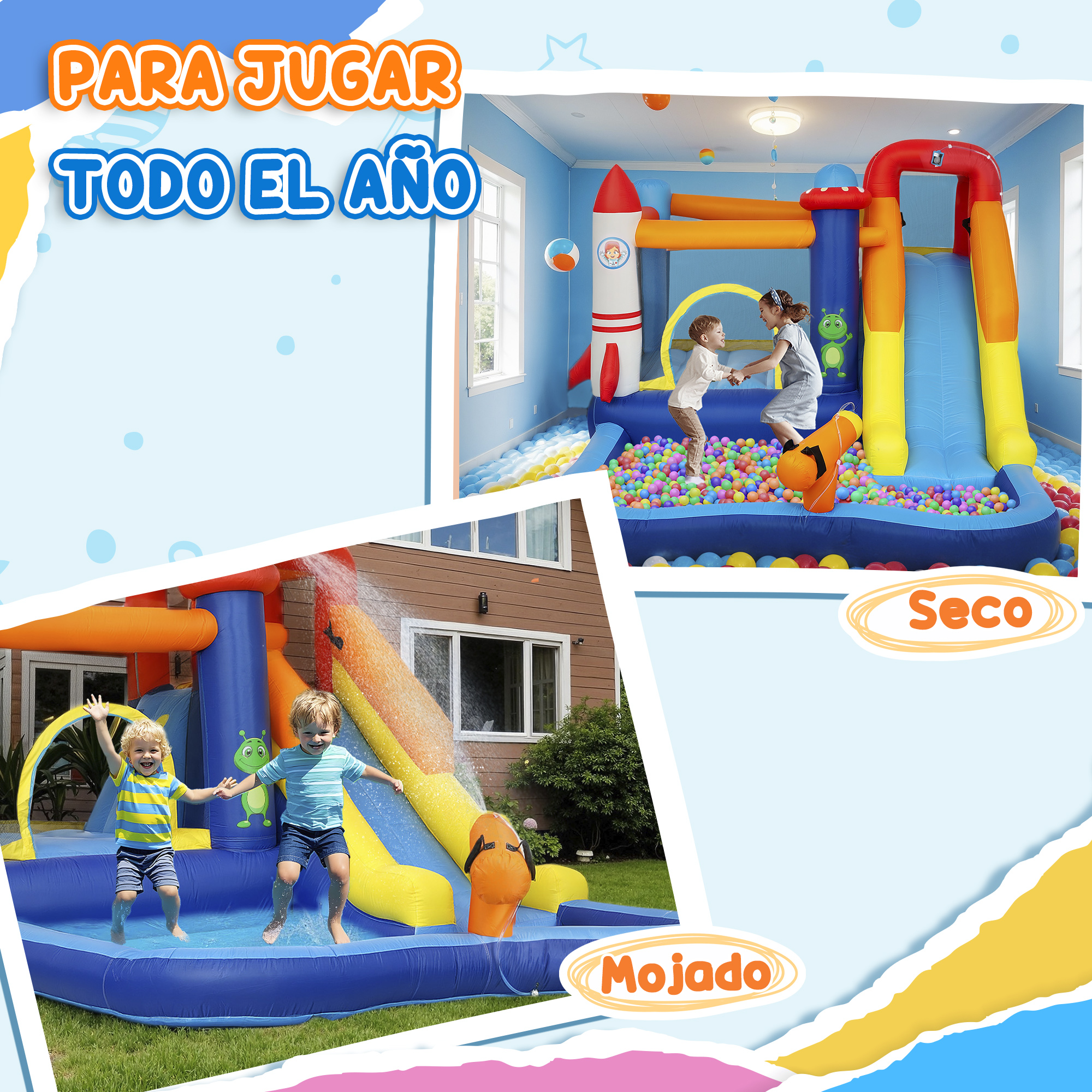 Un collage muestra un área de juego inflable para niños con tobogán y piscina. Uno seco, uno mojado.
