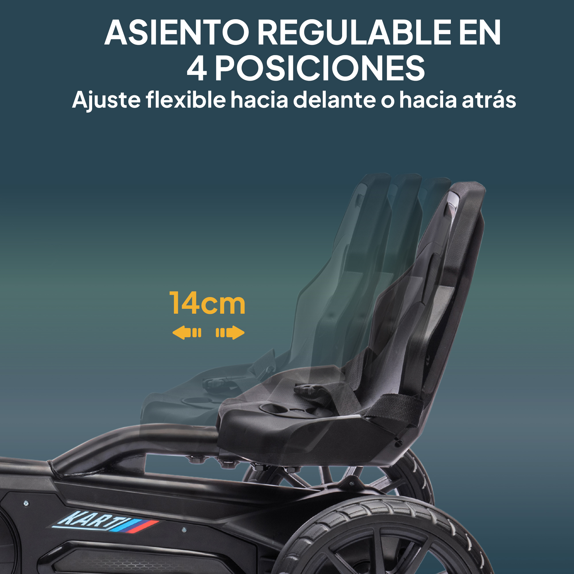 Un asiento de kart negro con ruedas rojas. Texto: Asiento ajustable en 4 posiciones. Flecha de 14 cm indica ajustes.