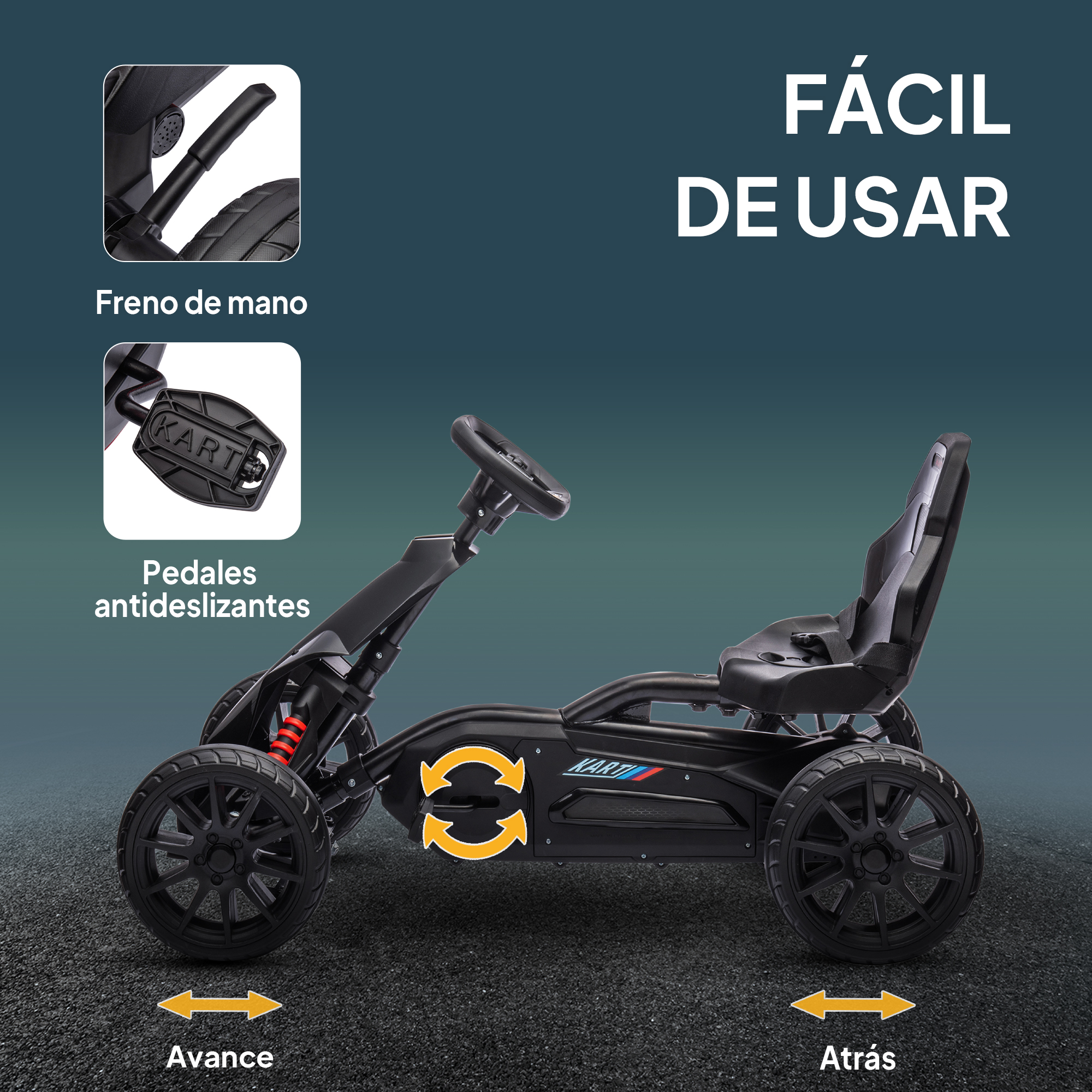 Un kart negro que muestra freno de mano, pedales antideslizantes y direcciones hacia adelante/atrás.