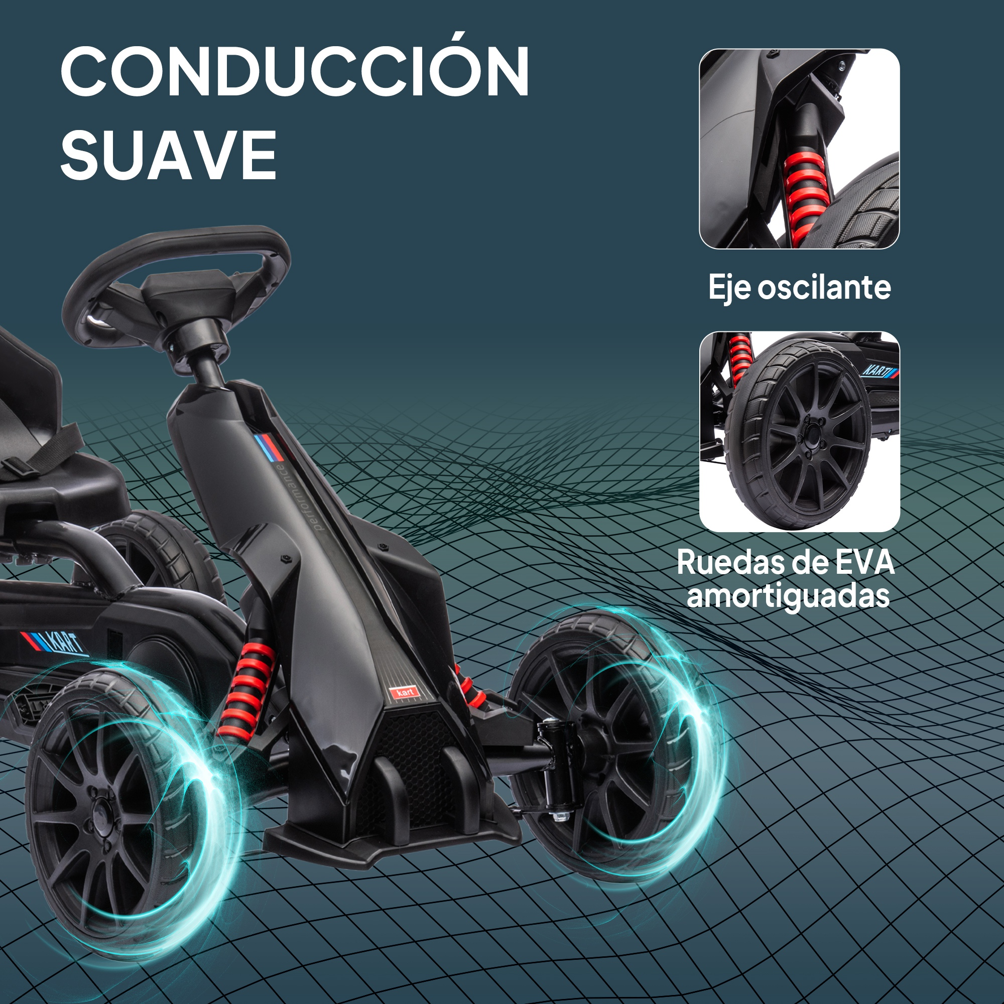 Un kart negro con características de conducción suave. Tiene eje oscilante y ruedas EVA acolchadas.