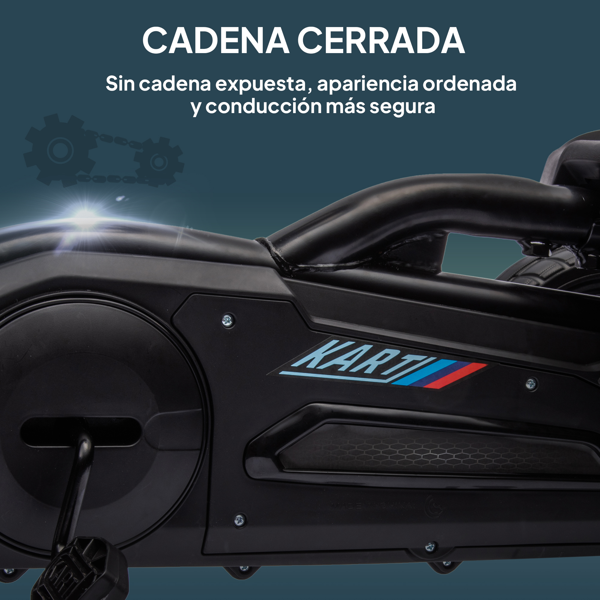 Kart negro con texto, un engranaje y cadena sobre fondo oscuro.