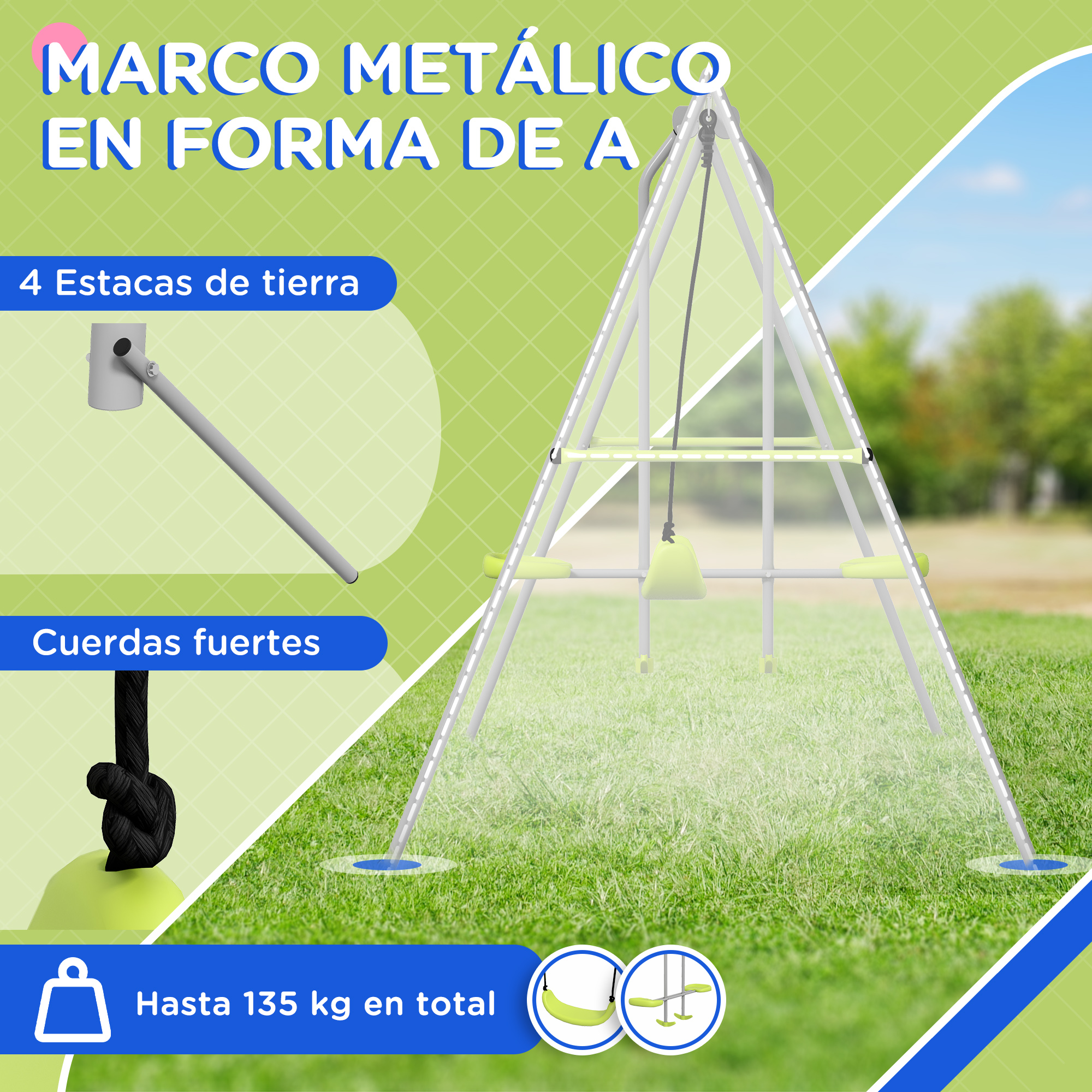 Columpio metálico en forma de A con asientos verdes. Incluye estacas, cuerdas fuertes y un límite de peso de 135 kg.