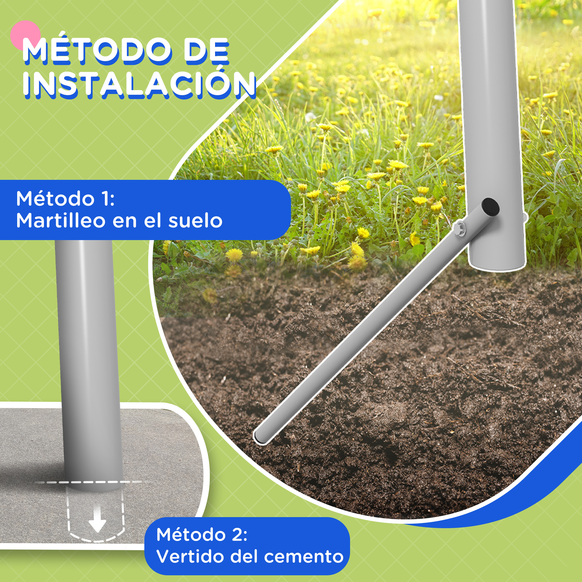 Ilustración con instrucciones: clavar poste en el suelo o verter cemento.
