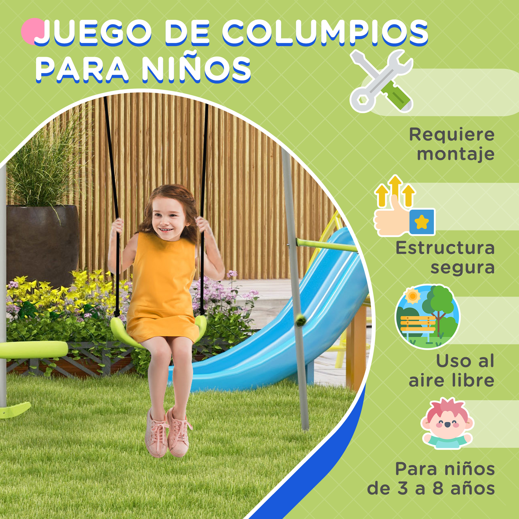 Una niña en un columpio con superposiciones de texto que indican características.