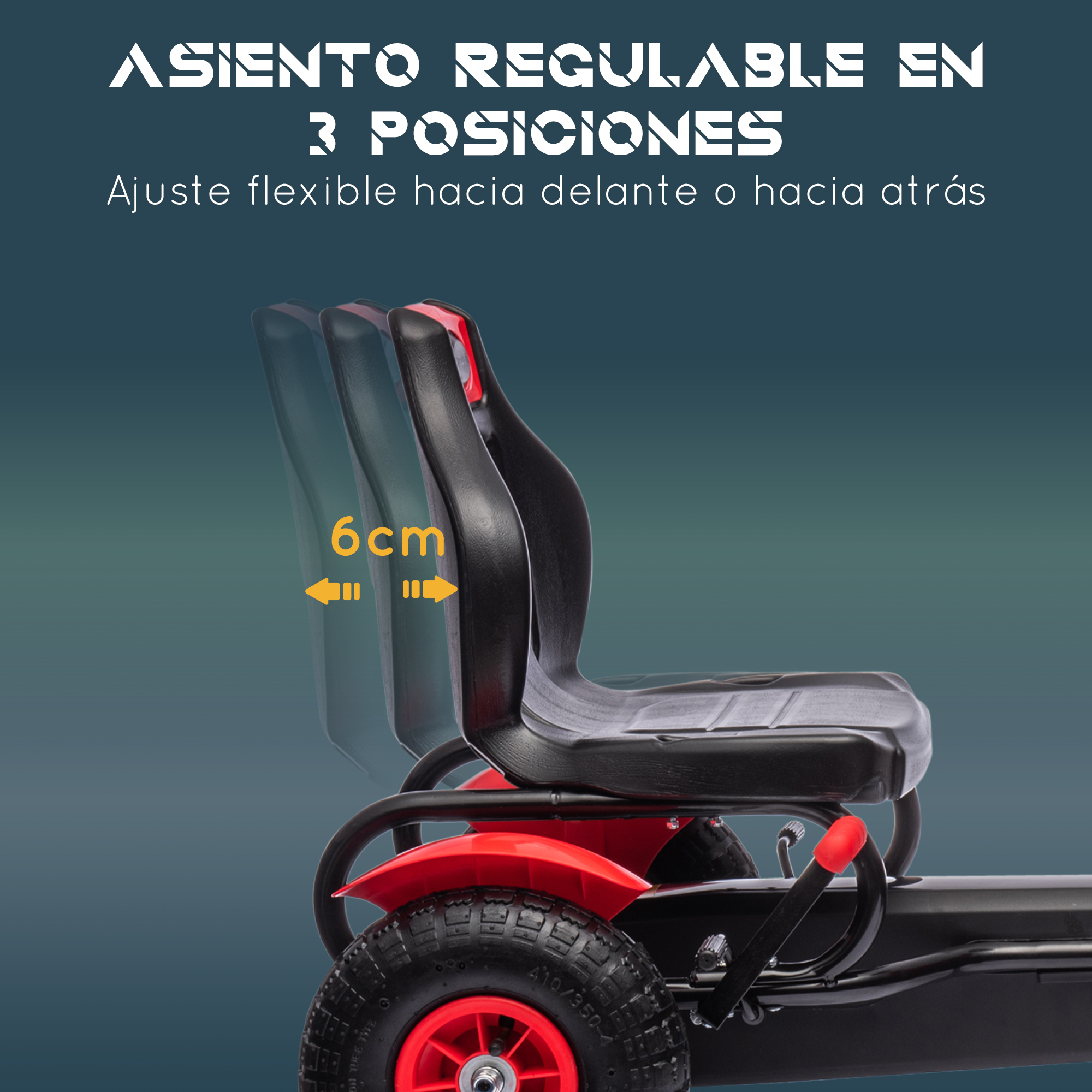 Un asiento negro en un coche con ruedas rojas. Texto: Asiento ajustable en 3 posiciones. Flecha de 6 cm indica ajustes.