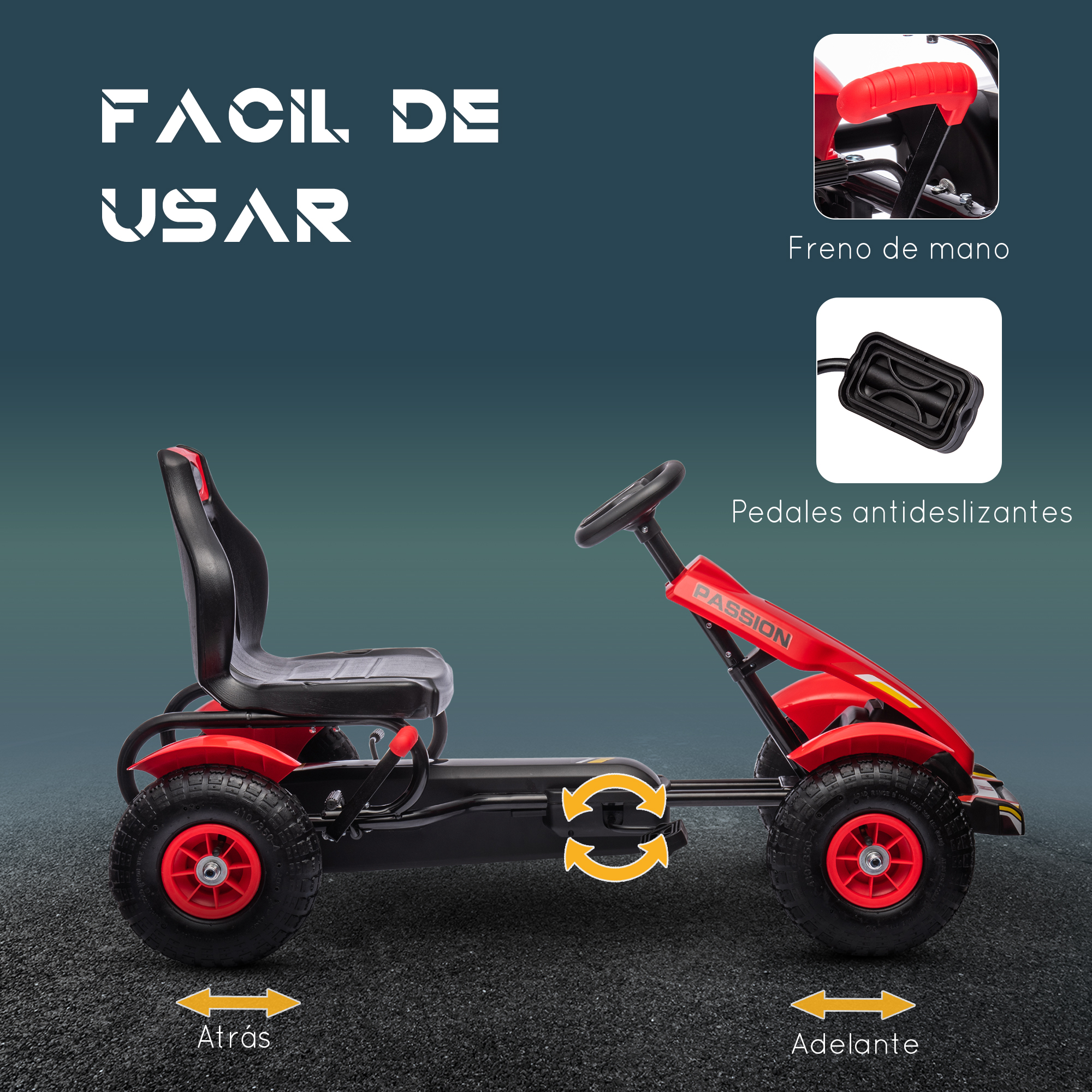 Un coche de pedales rojo con asiento y ruedas negras. El texto dice "Passion". Freno de mano y pedales antideslizantes.