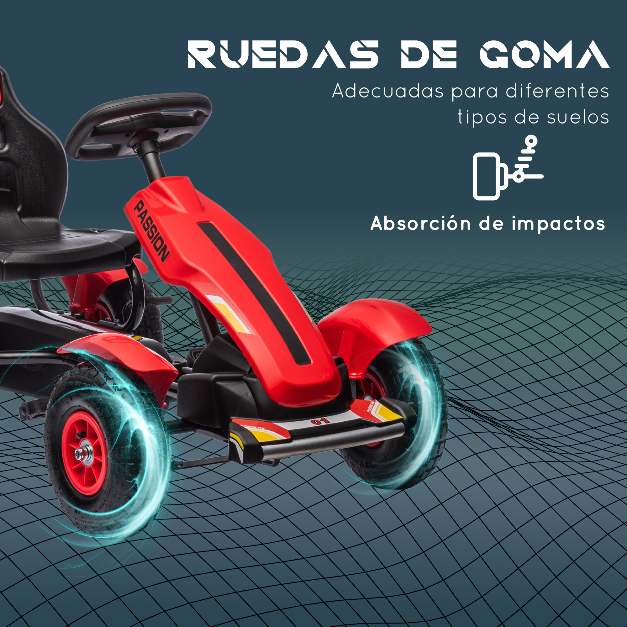 Primer plano de la parte trasera del go-kart, mostrando los neumáticos y los detalles rojos.