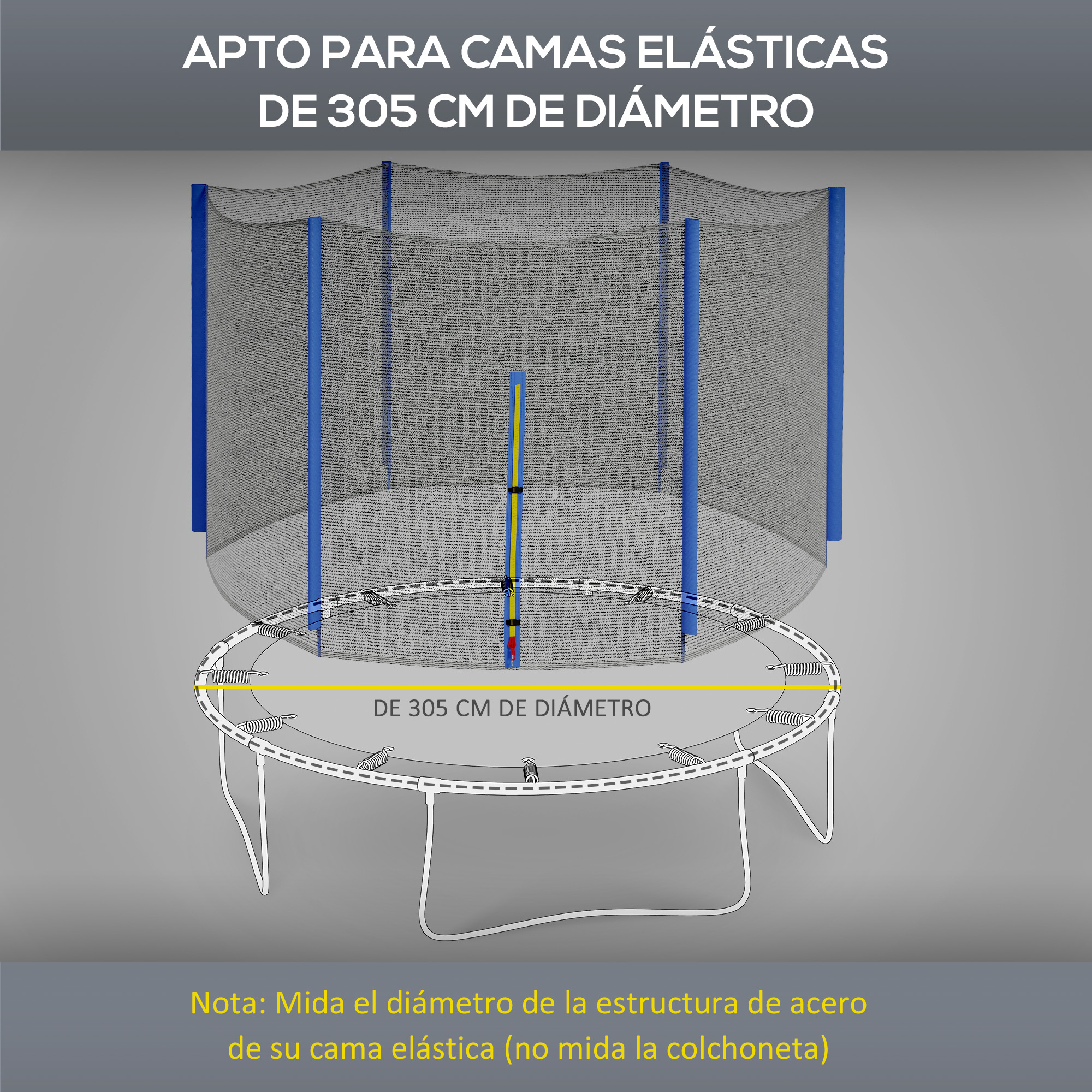 Cama elástica con red de seguridad, dibujo de las dimensiones en español.