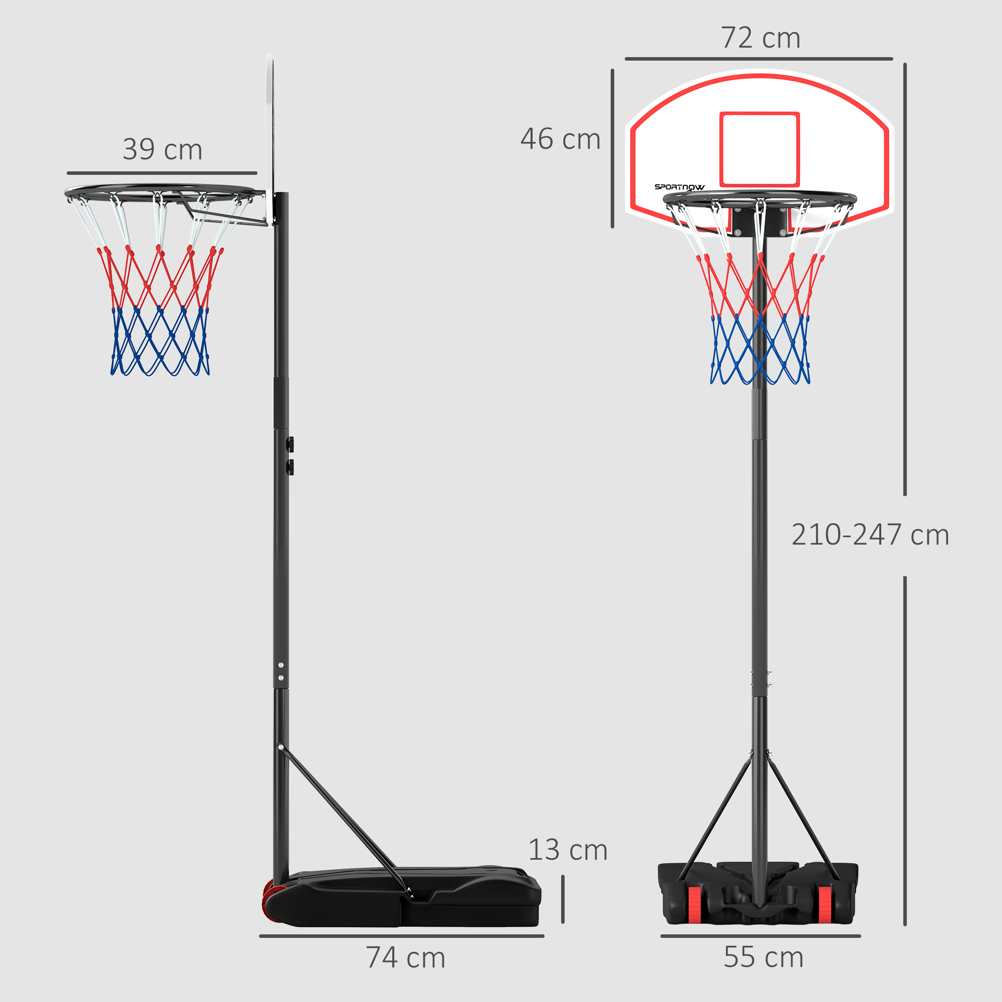 Un aro de baloncesto sobre un soporte con dimensiones indicadas. El aro y la red son rojos, blancos y azules.