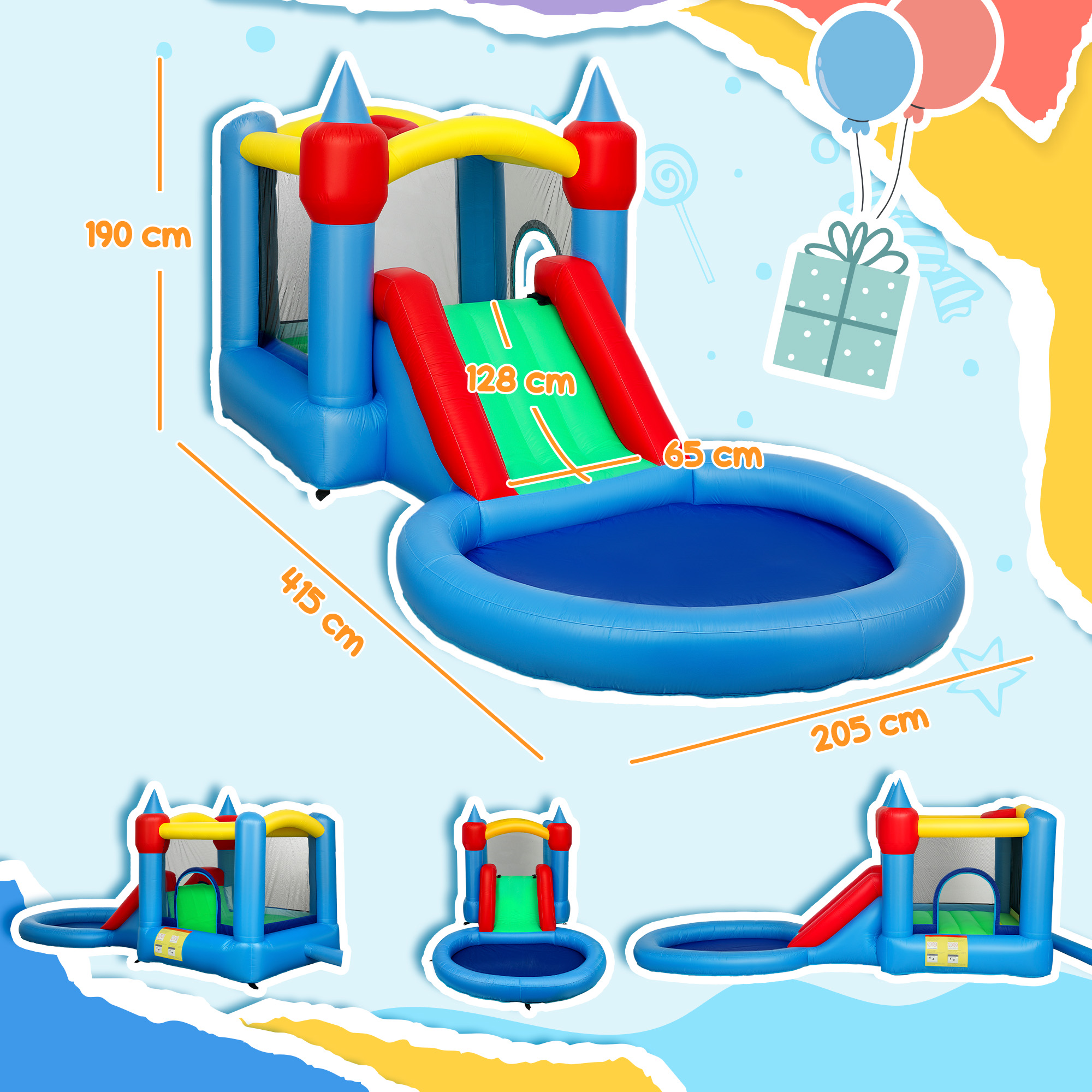 Un castello gonfiabile blu e rosso con scivolo, piscina e illustrazioni di regali e palloncini.