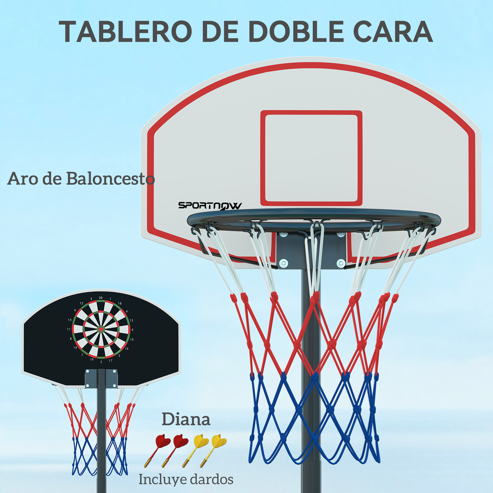 Combo de baloncesto y diana. Incluye tablero, aro y diana con dardos.